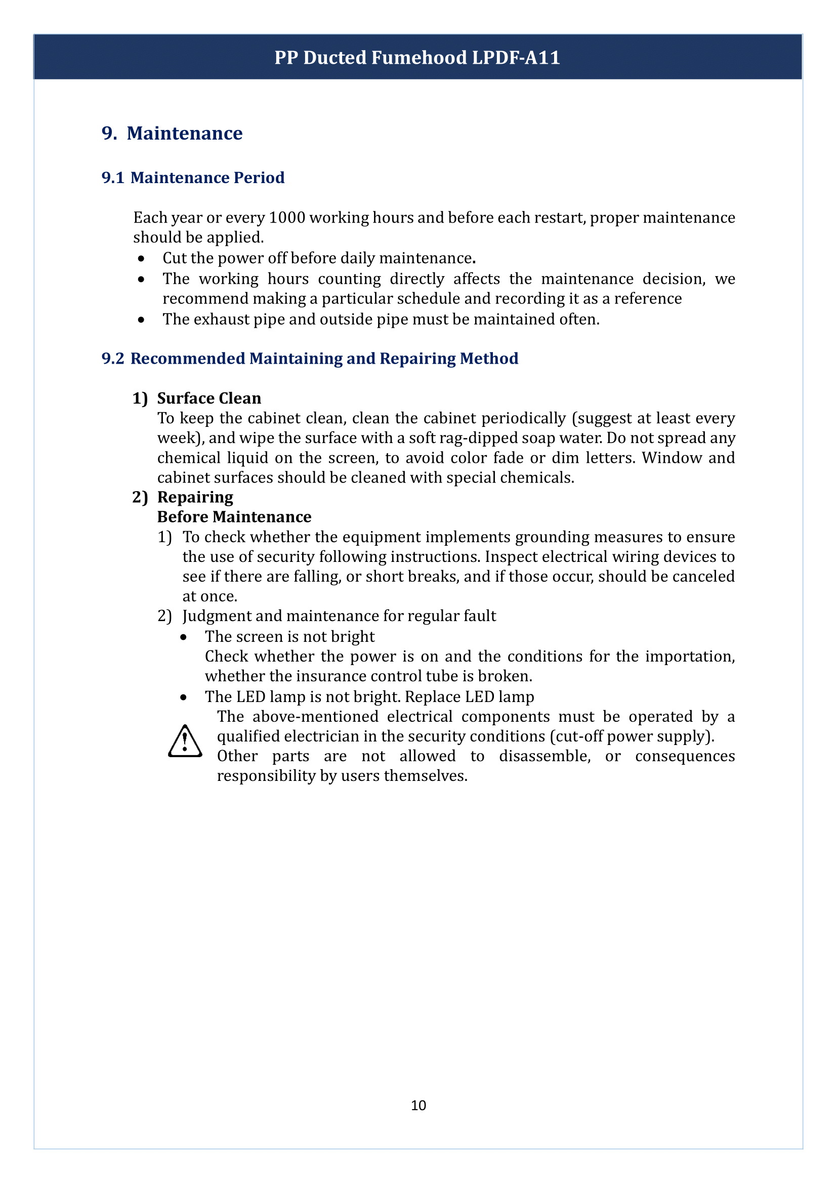 PP Ducted Fume Hood LPDF-A11 Manual