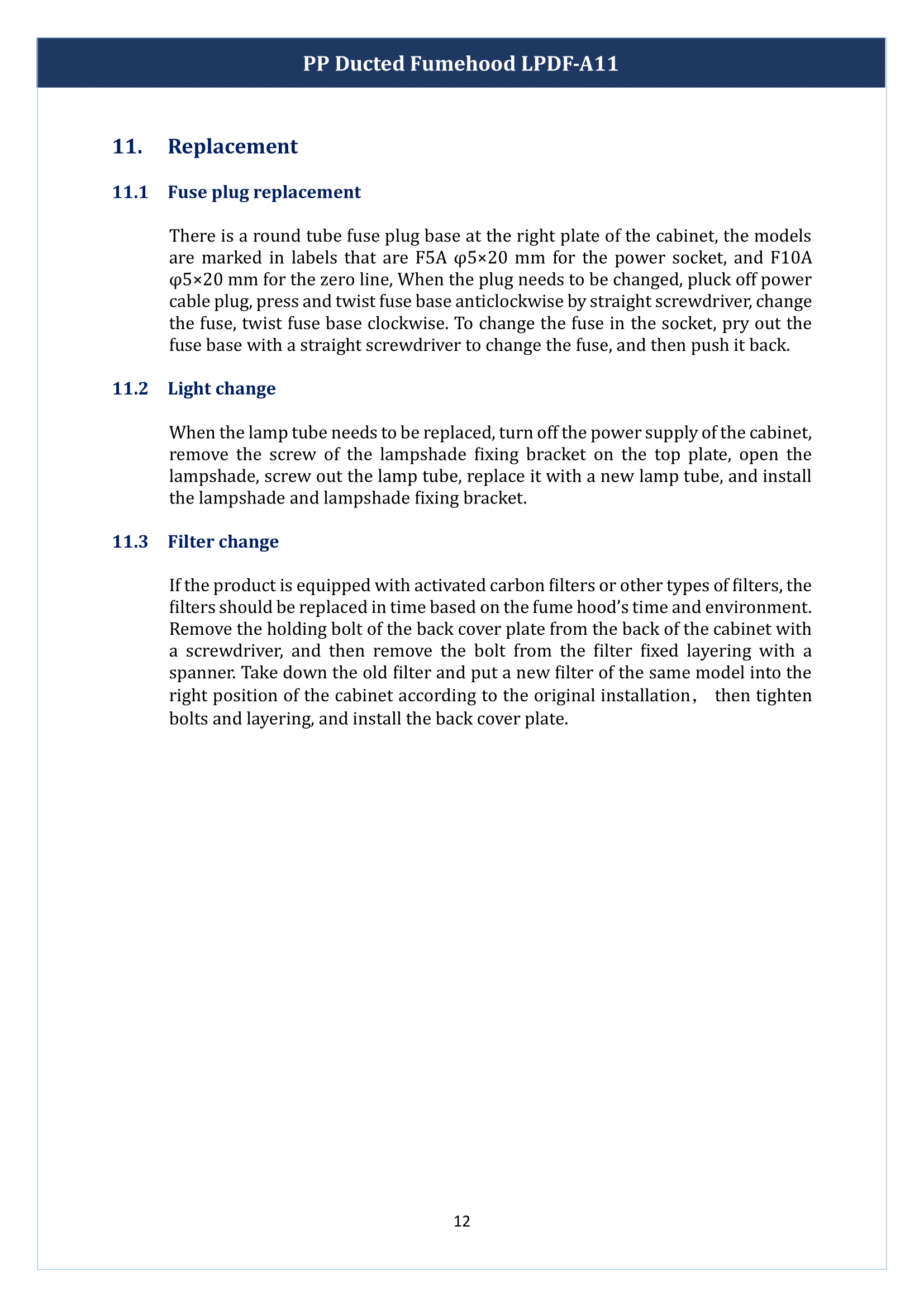 PP Ducted Fume Hood LPDF-A11 Manual