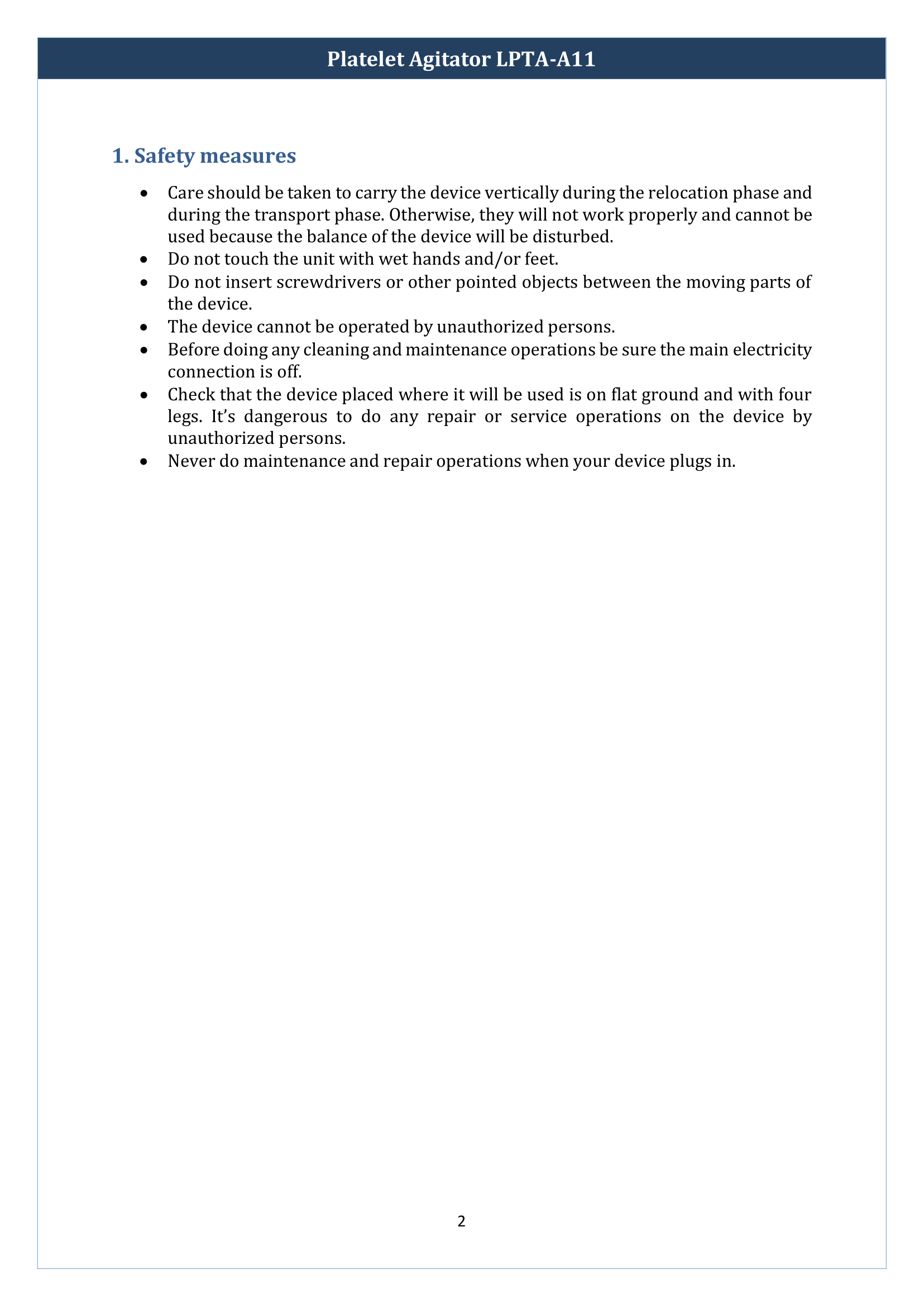 Platelet Agitator LPTA-A11 Manual