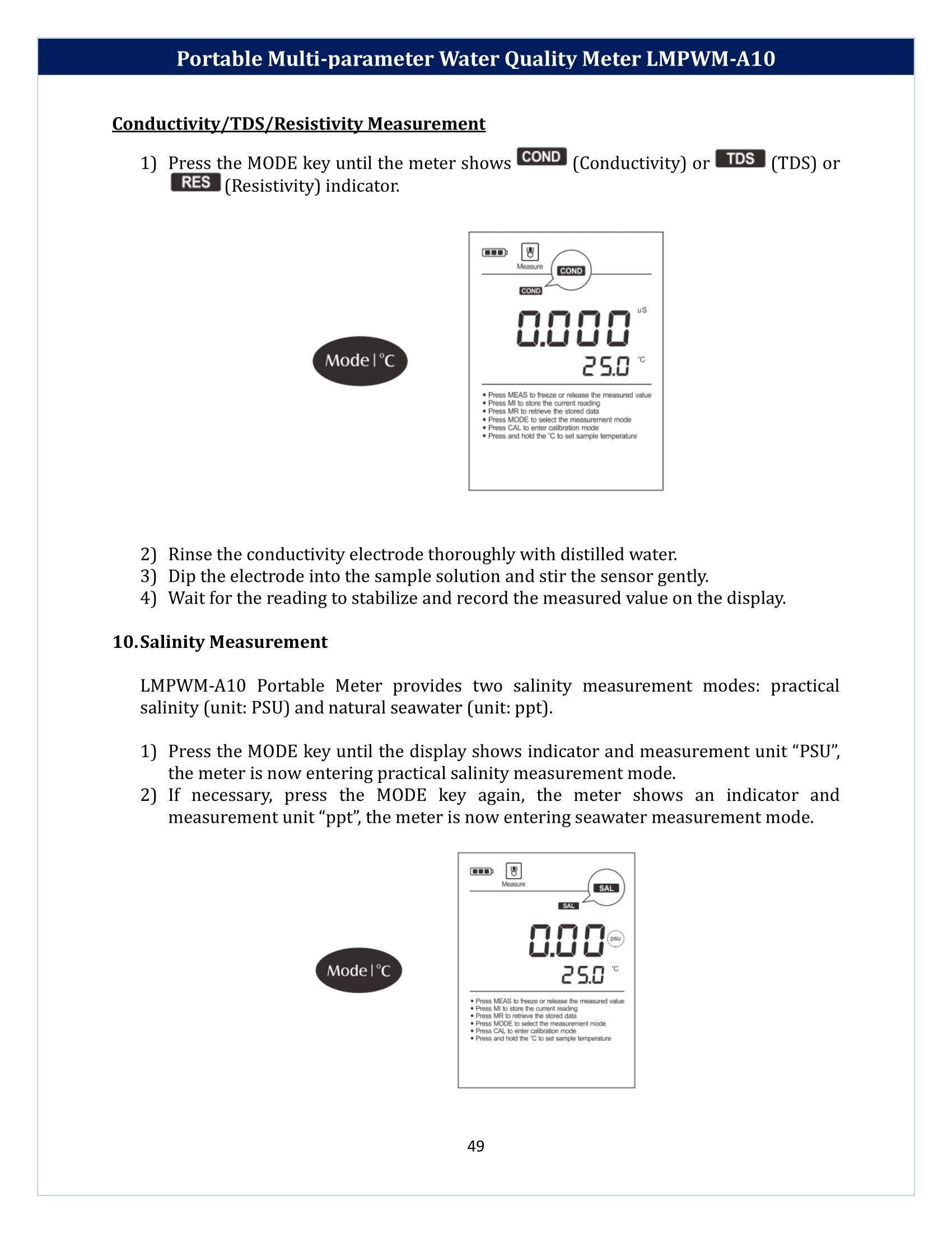 Portable Multi-parameter Water Quality Meter LMPWM-A10 Manual