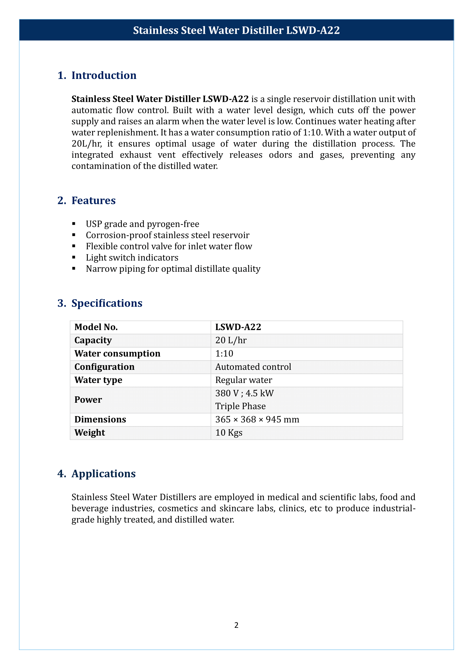 Stainless Steel Water Distiller LSWD-A22 Manual