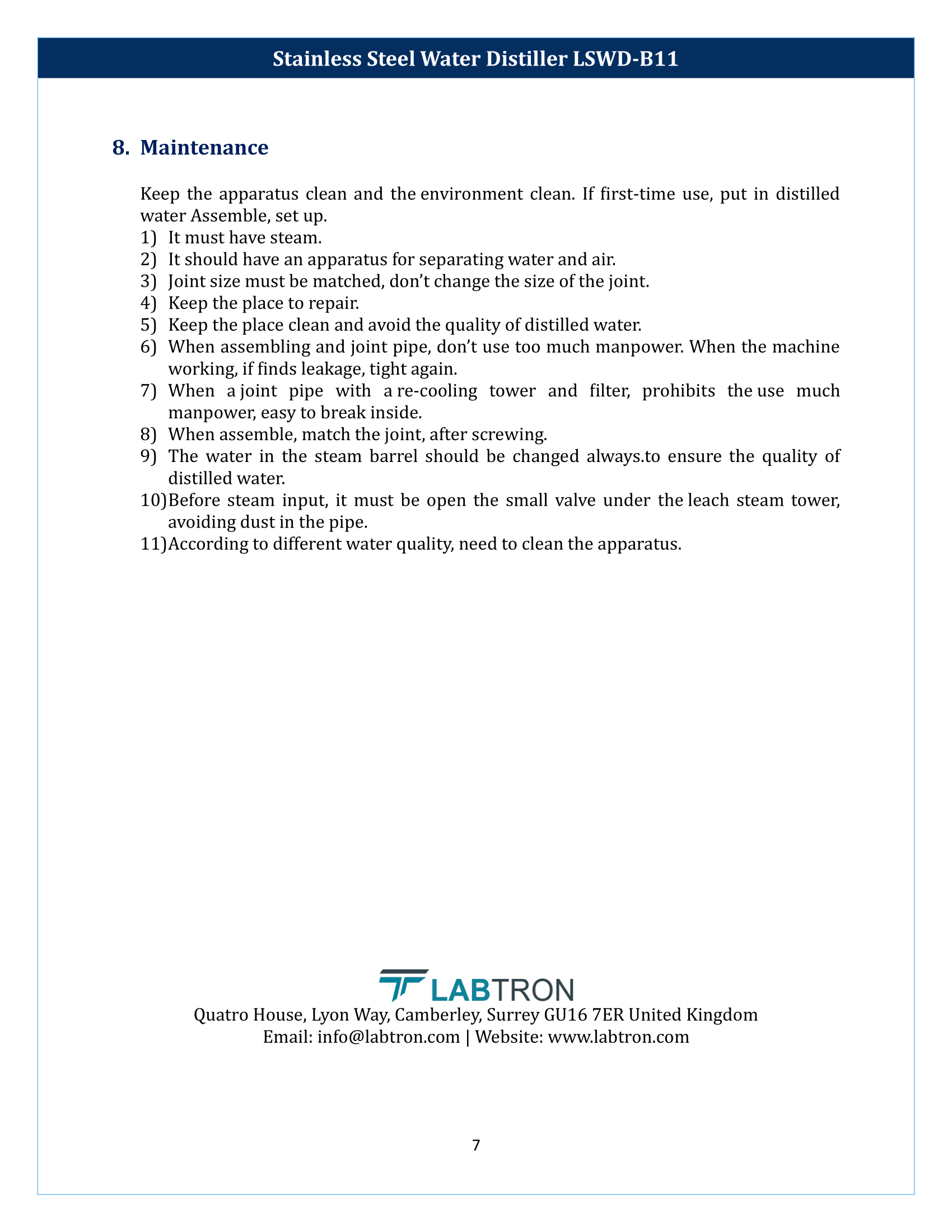 Stainless Steel Water Distiller LSWD-B11 Manual