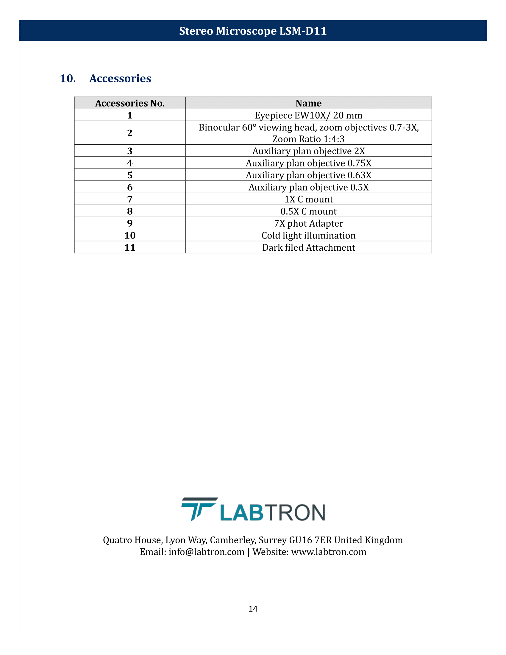 Stereo Microscope LSM-D11 Manual