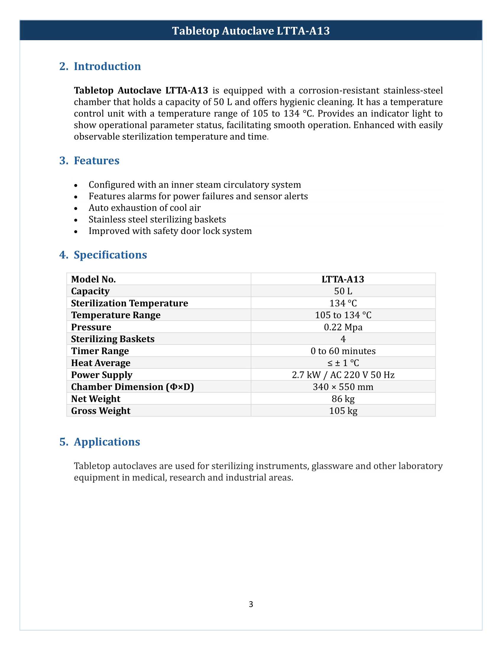 Tabletop Autoclave LTTA-A13 Manual