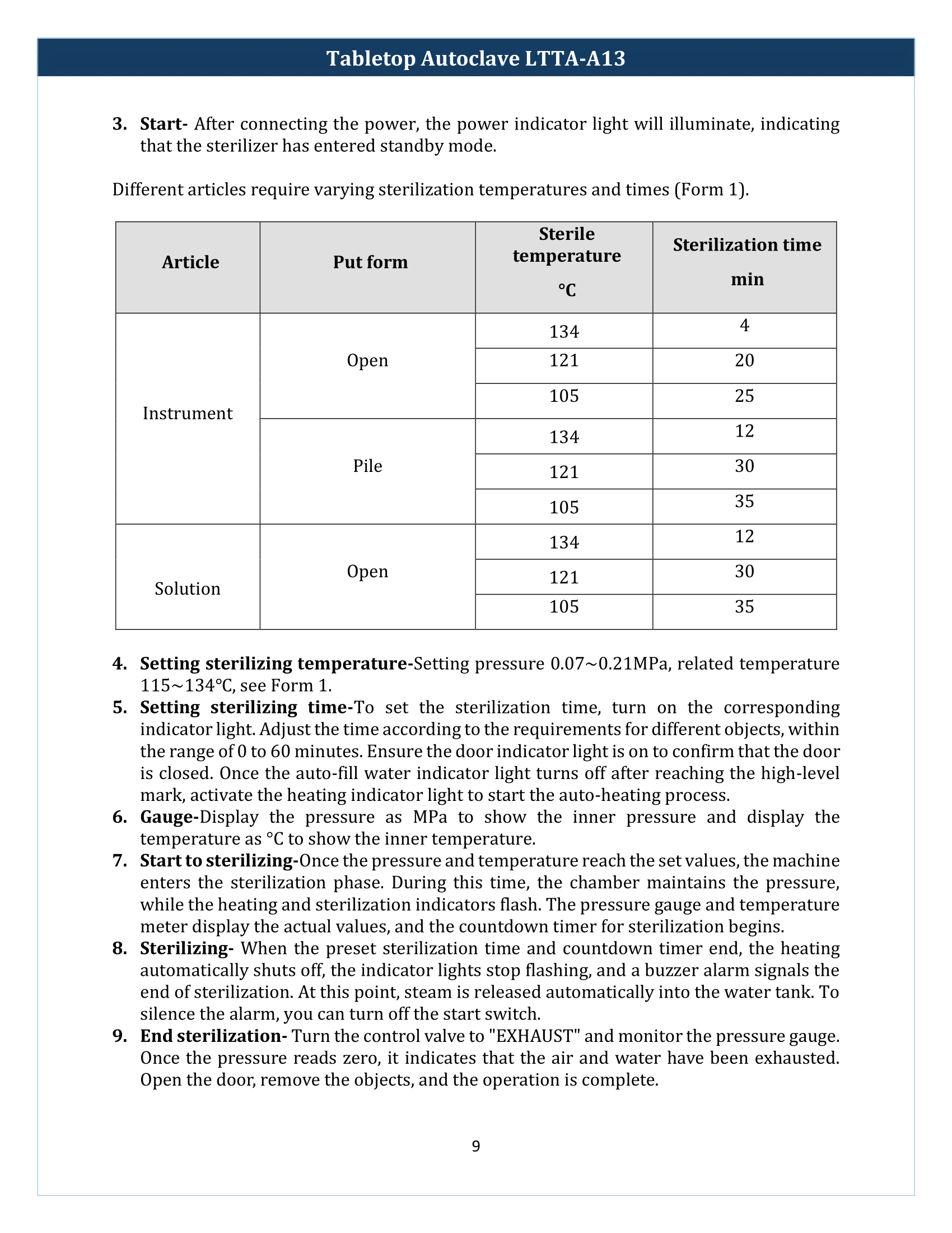 Tabletop Autoclave LTTA-A13 Manual