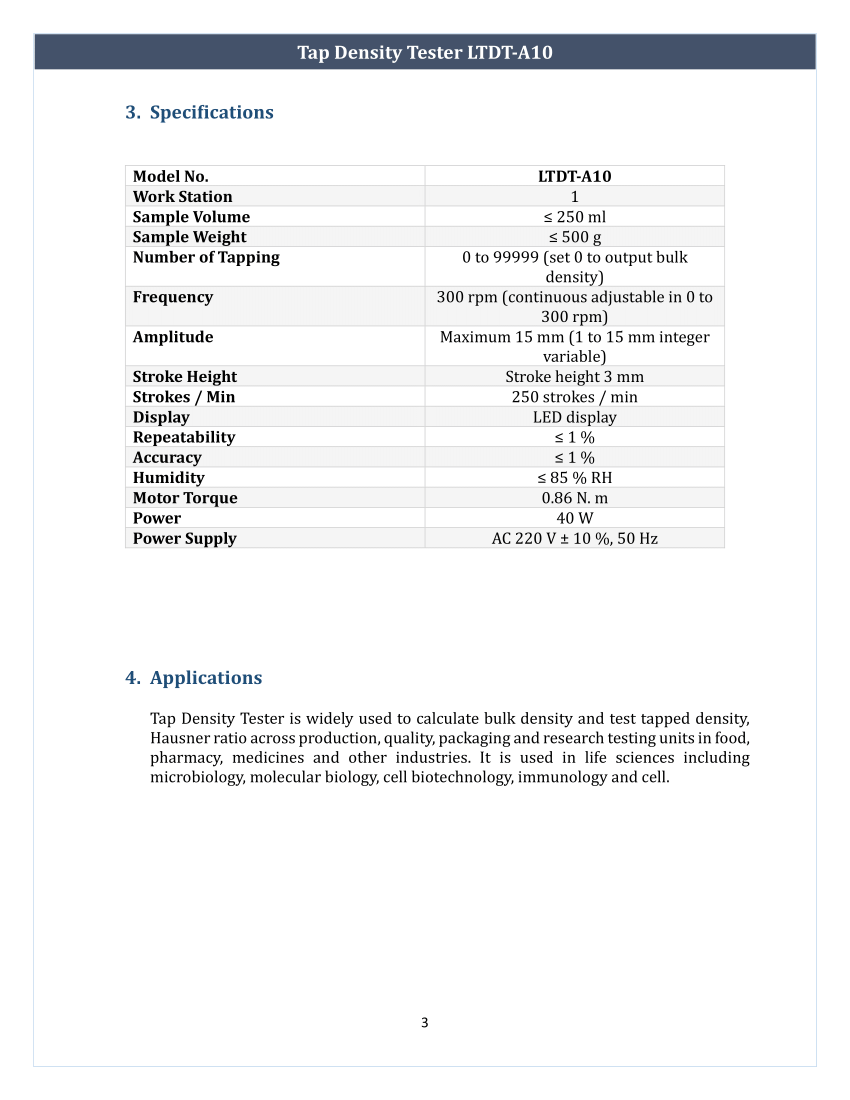 Tap Density Tester LTDT-A10 Operating Manual | Labtron