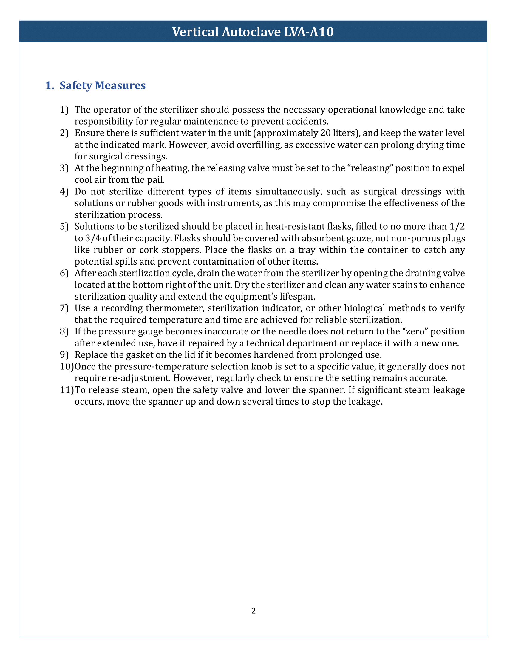 Vertical Autoclave LVA-A10 Manual