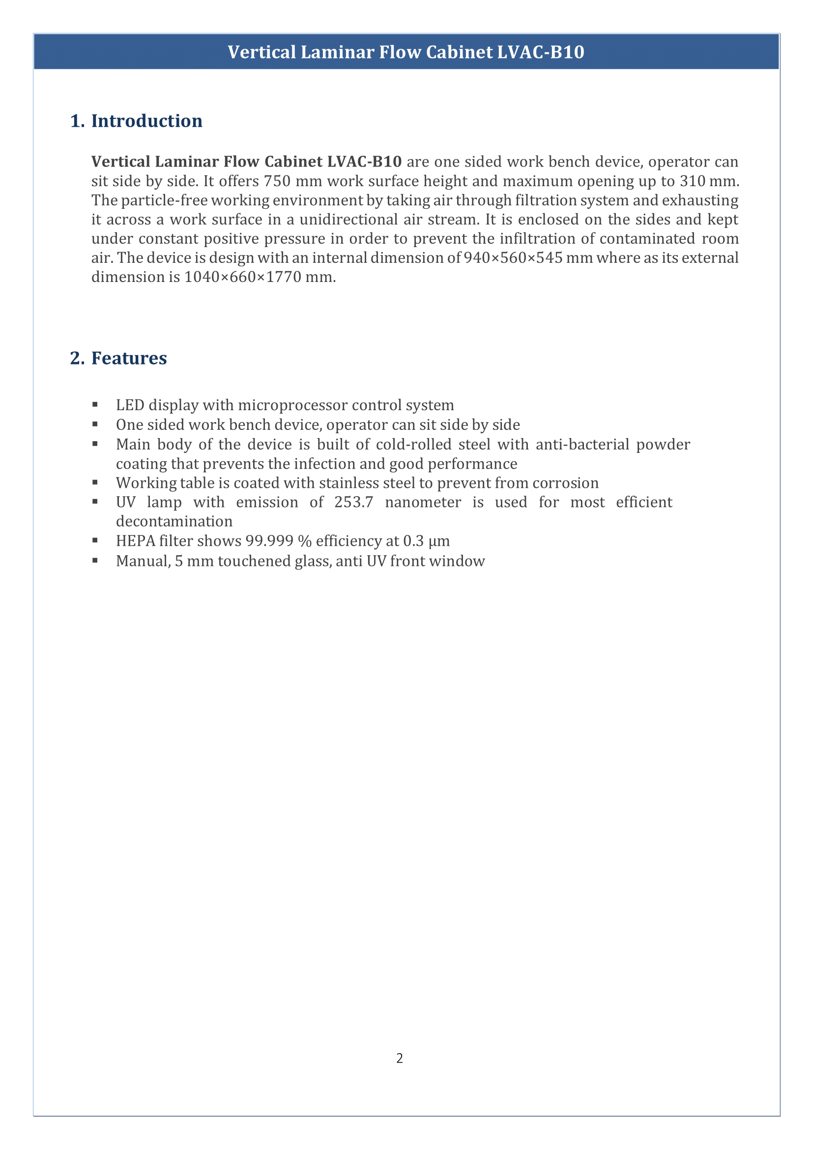 Vertical Laminar Flow Cabinet LVAC-B10 Manual