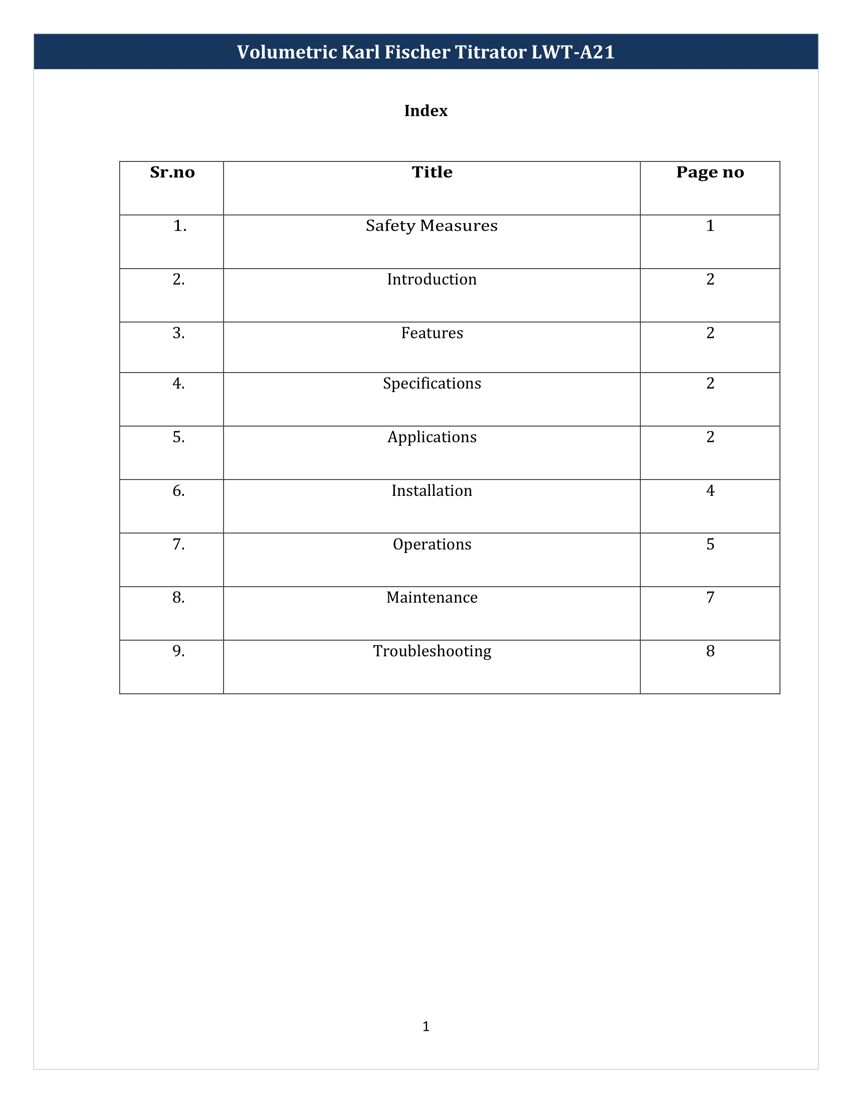 Volumetric Karl Fischer Titrator LWT-A21 Manual