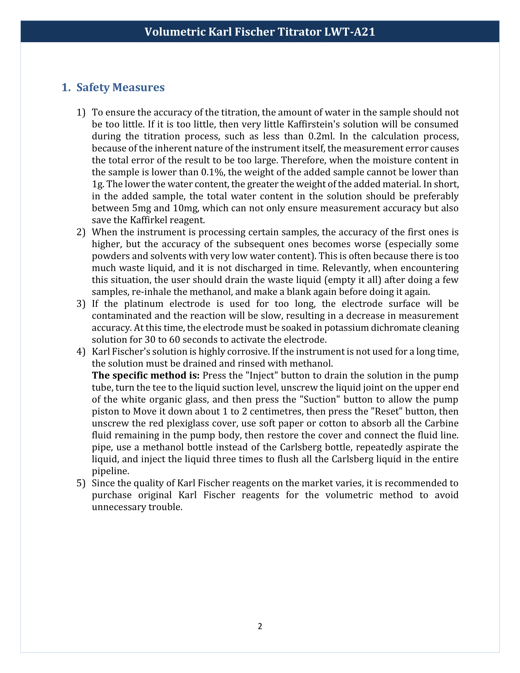 Volumetric Karl Fischer Titrator LWT-A21 Manual