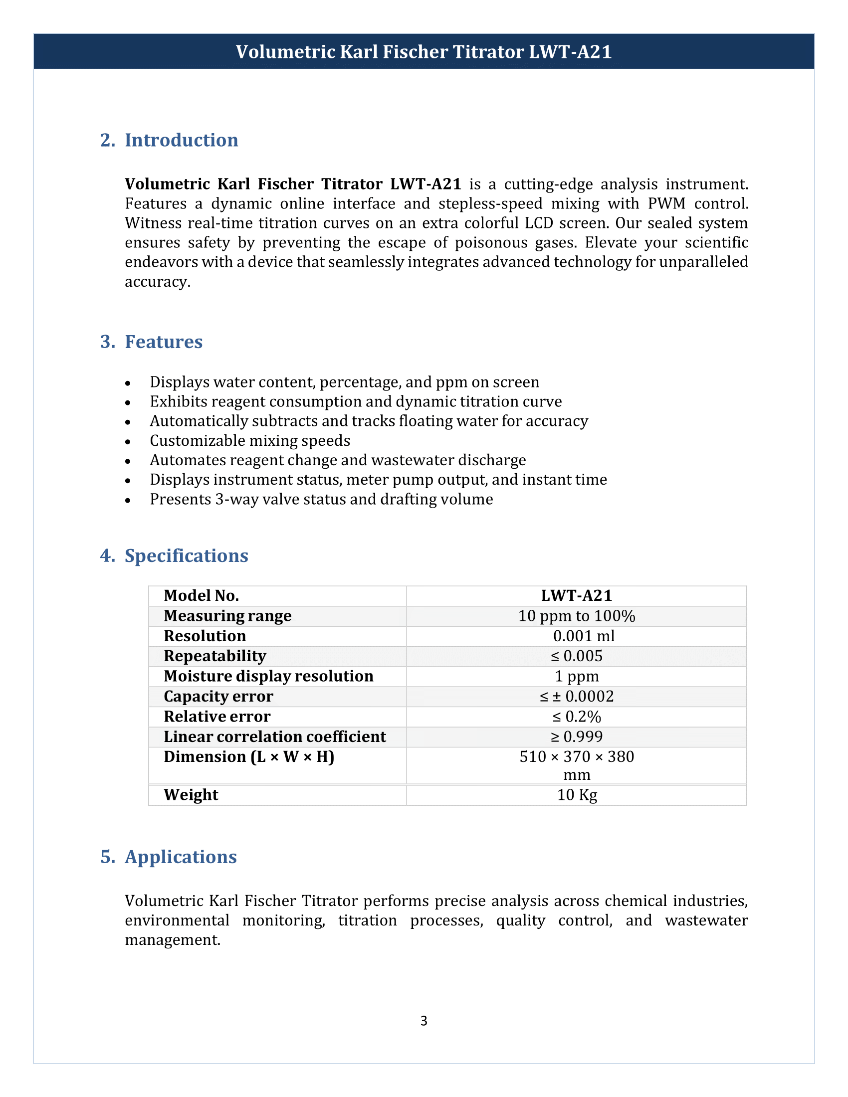Volumetric Karl Fischer Titrator LWT-A21 Manual