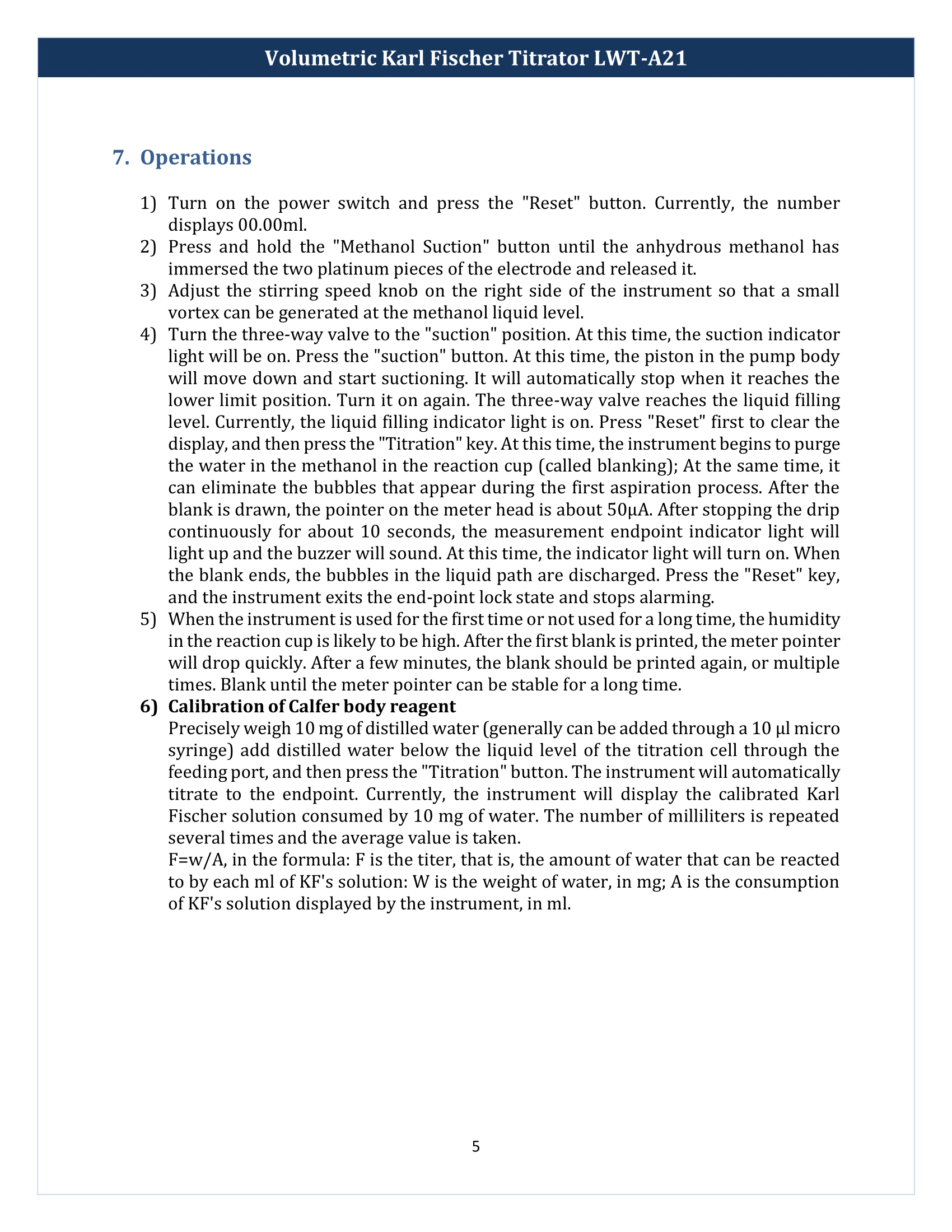 Volumetric Karl Fischer Titrator LWT-A21 Manual