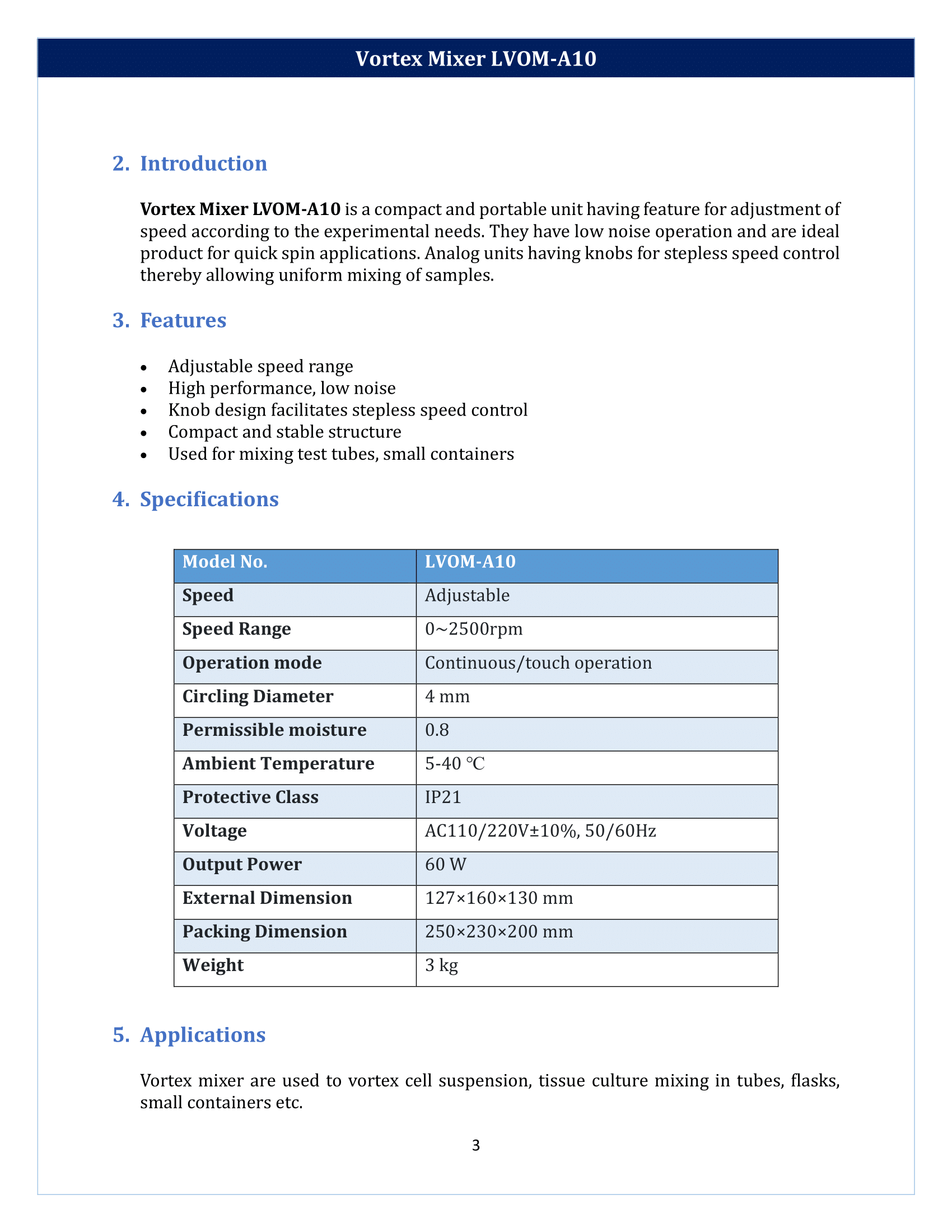 Vortex Mixer LVOM-A10 Manual