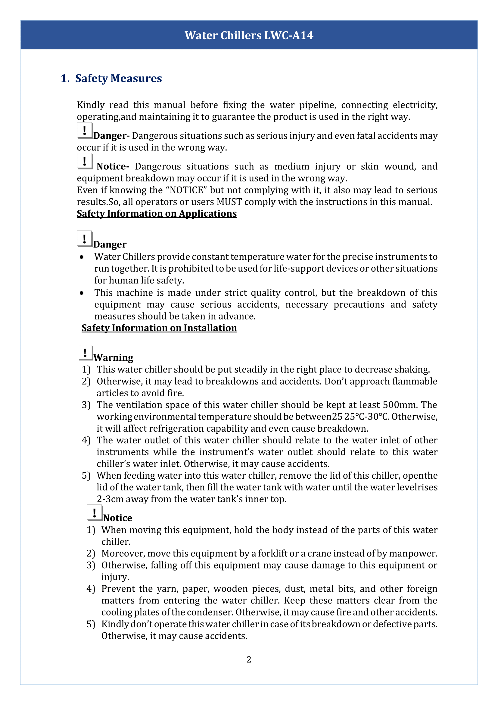 Water chillers LWC-A14 Manual