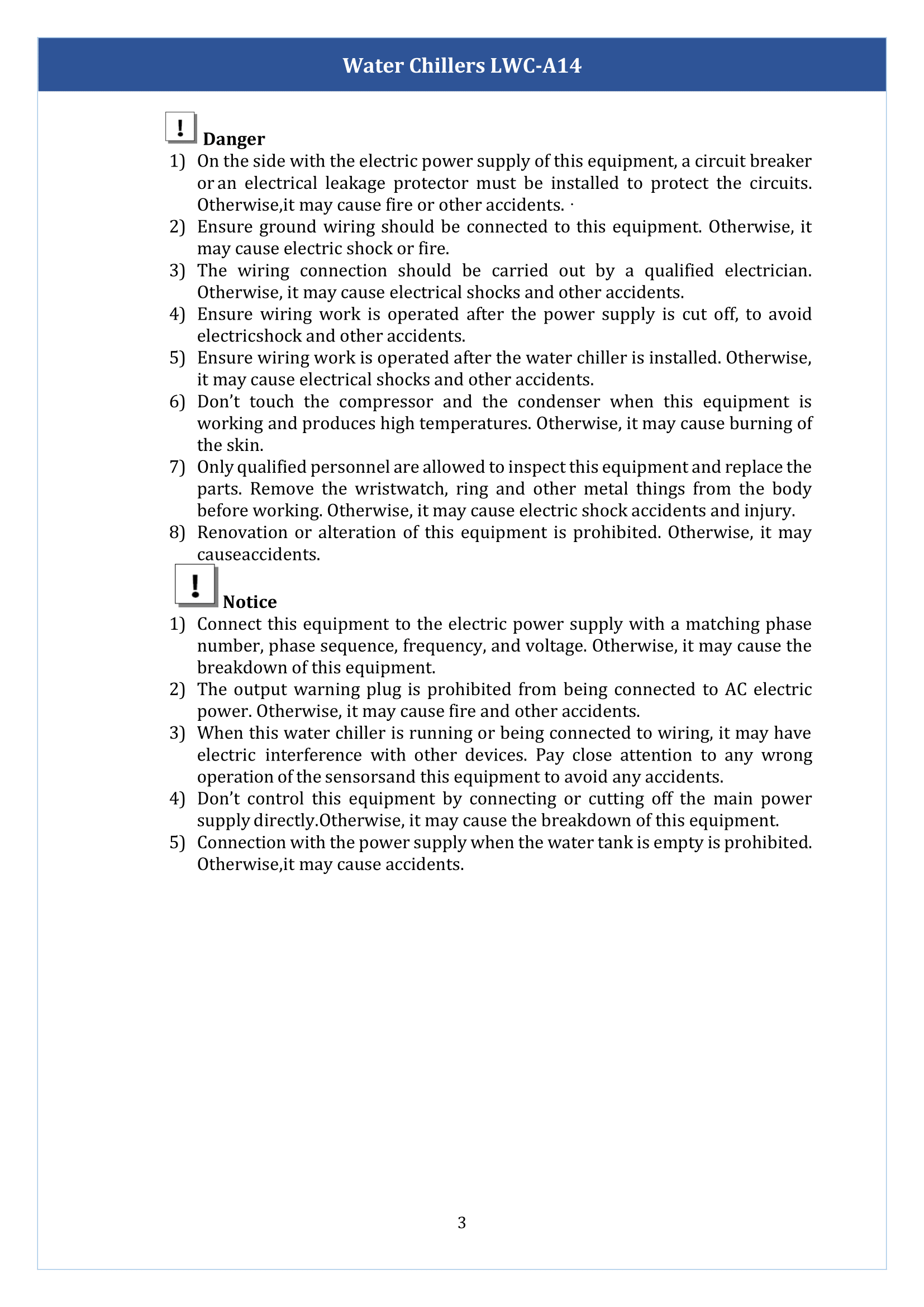 Water chillers LWC-A14 Manual