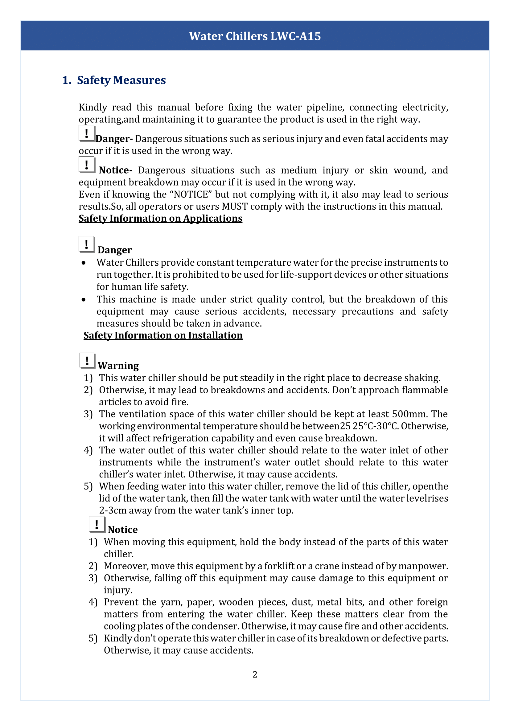 Water chillers LWC-A15 Manual