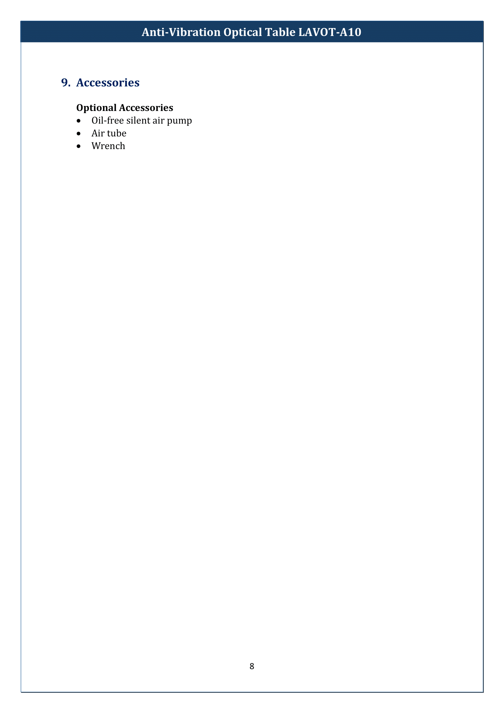 Anti-Vibration Optical Table LAVOT-A10 Manual