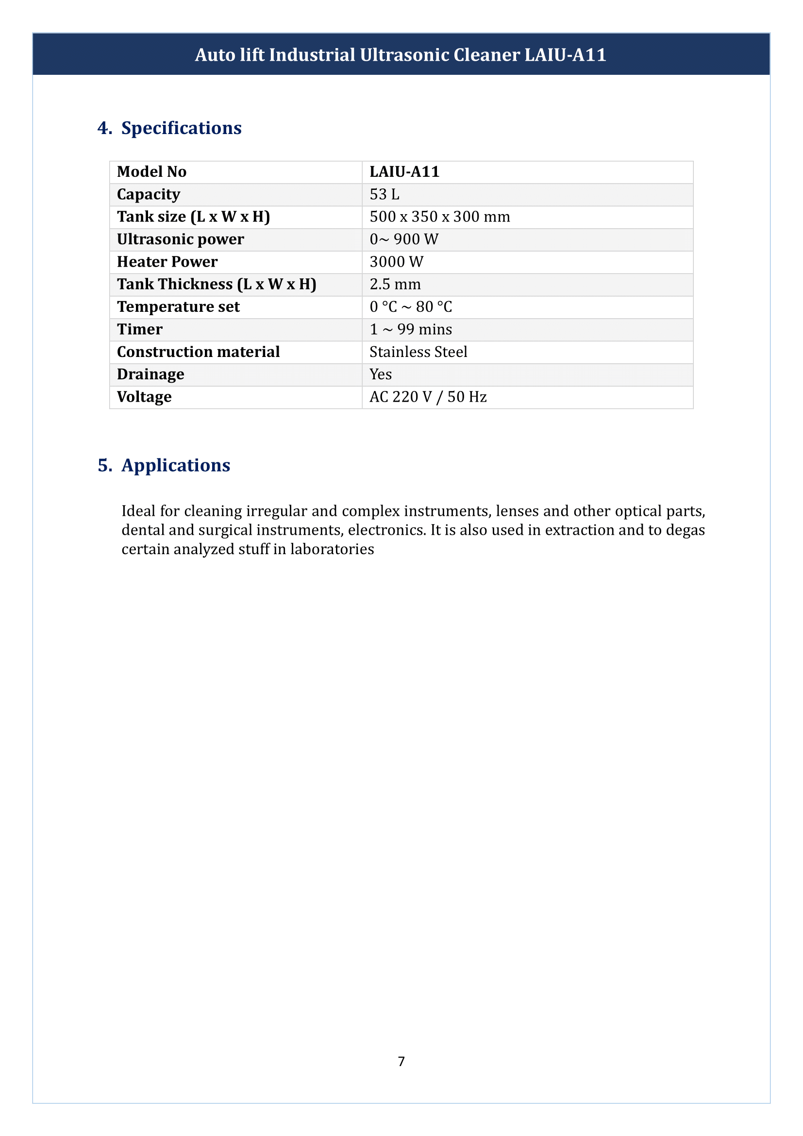 Auto lift Industrial Ultrasonic Cleaner LAIU-A11 Manual