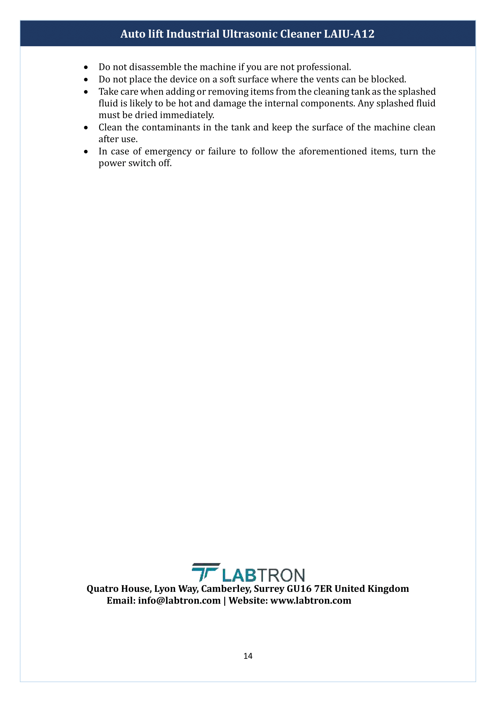 Auto lift Industrial Ultrasonic Cleaner LAIU-A12 Manual
