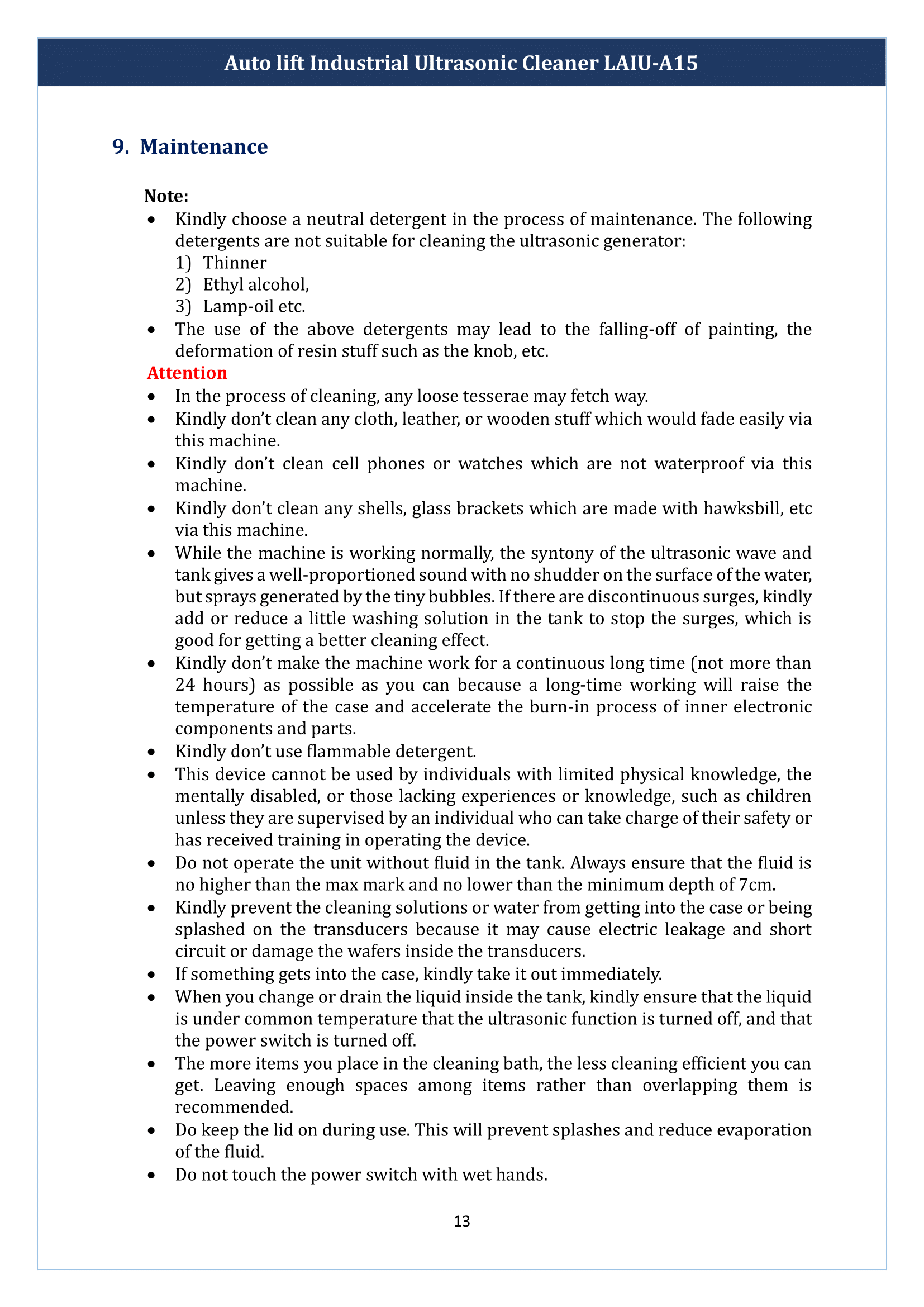 Auto lift Industrial Ultrasonic Cleaner LAIU-A15 Manual