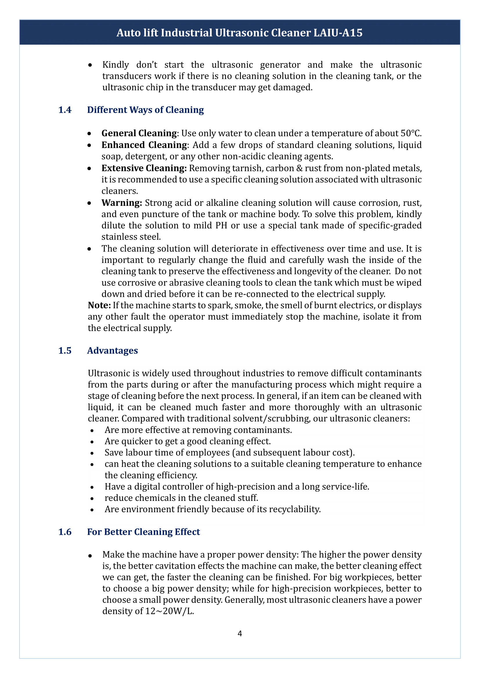 Auto lift Industrial Ultrasonic Cleaner LAIU-A15 Manual
