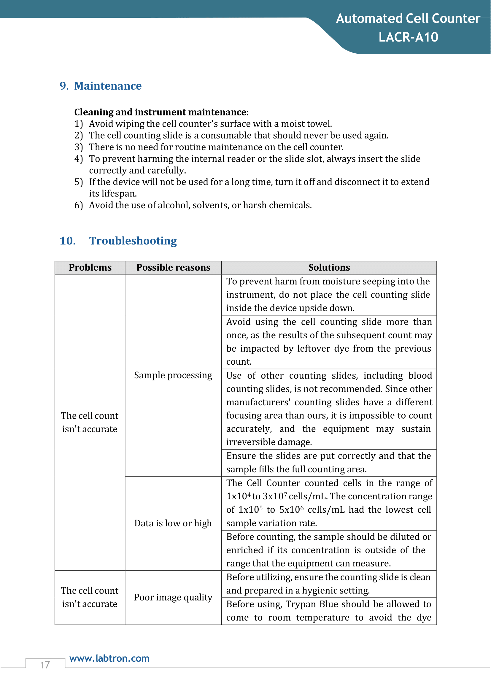 Automated Cell Counter LACR-A10 Manual