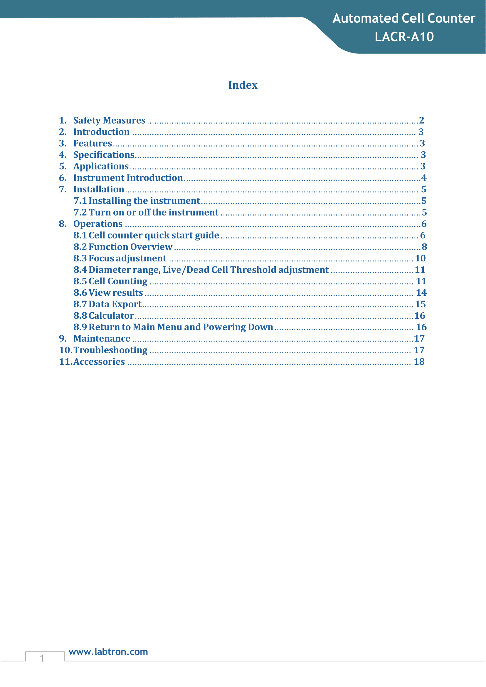 Automated Cell Counter LACR-A10 Manual