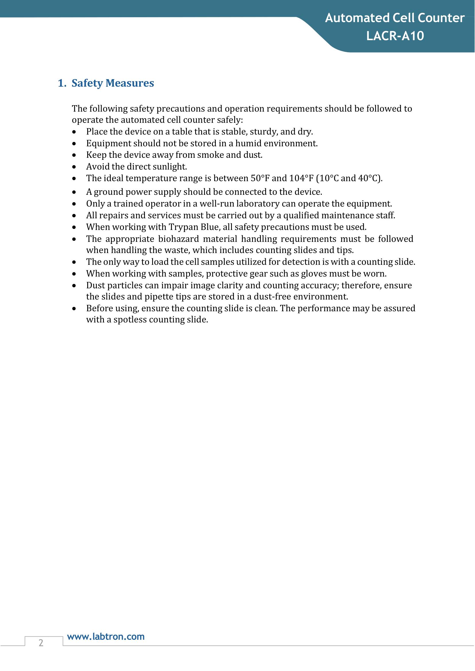 Automated Cell Counter LACR-A10 Manual