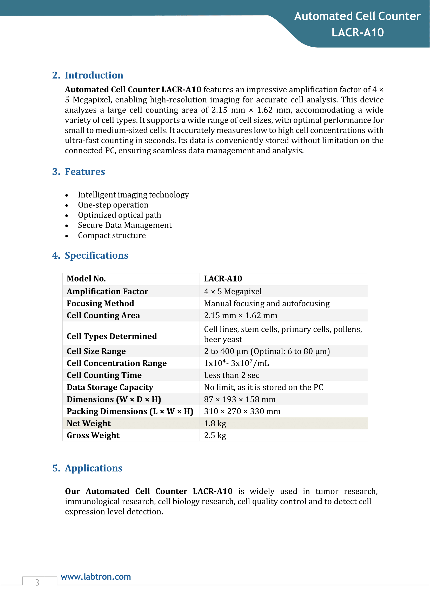 Automated Cell Counter LACR-A10 Manual