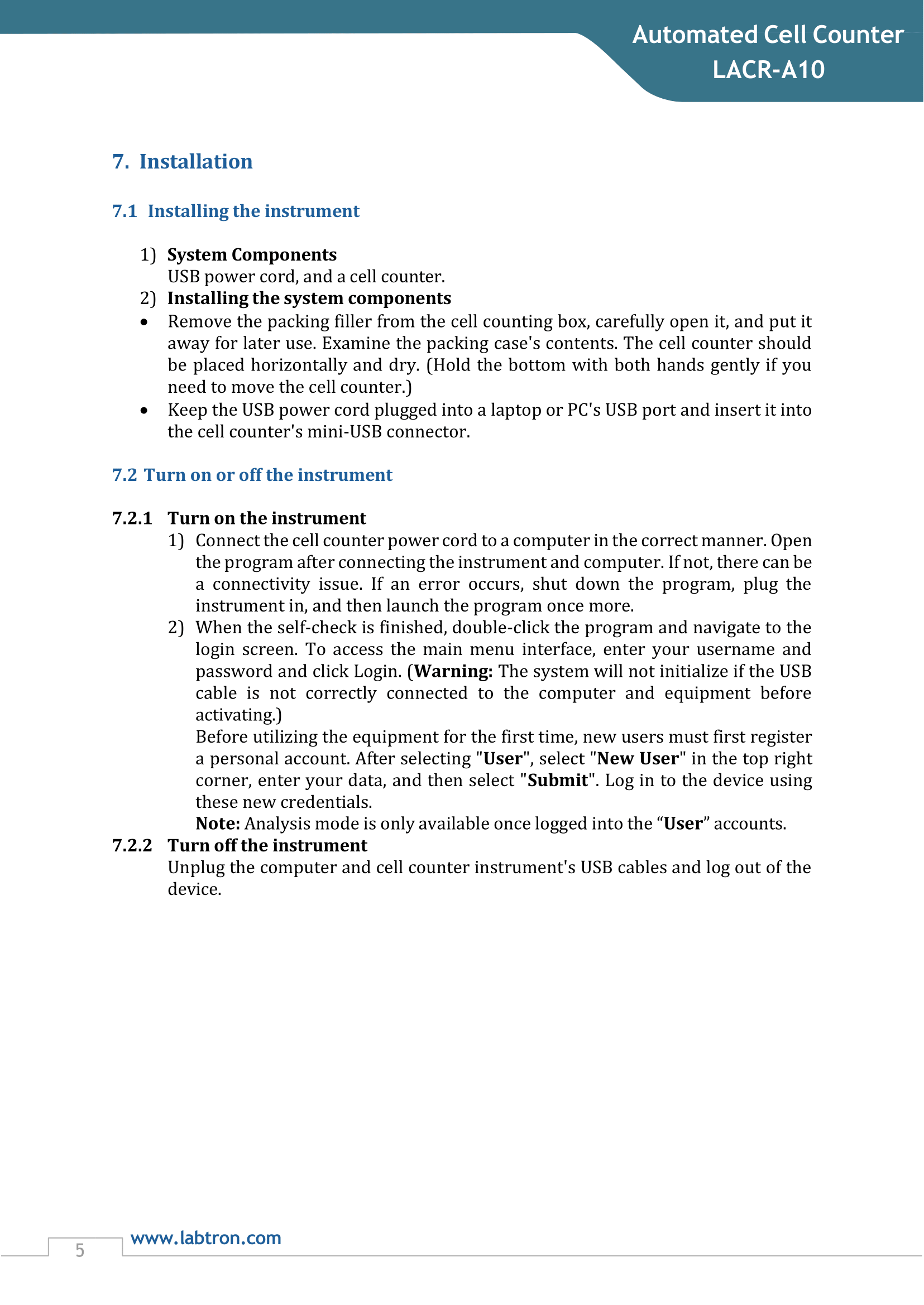 Automated Cell Counter LACR-A10 Manual