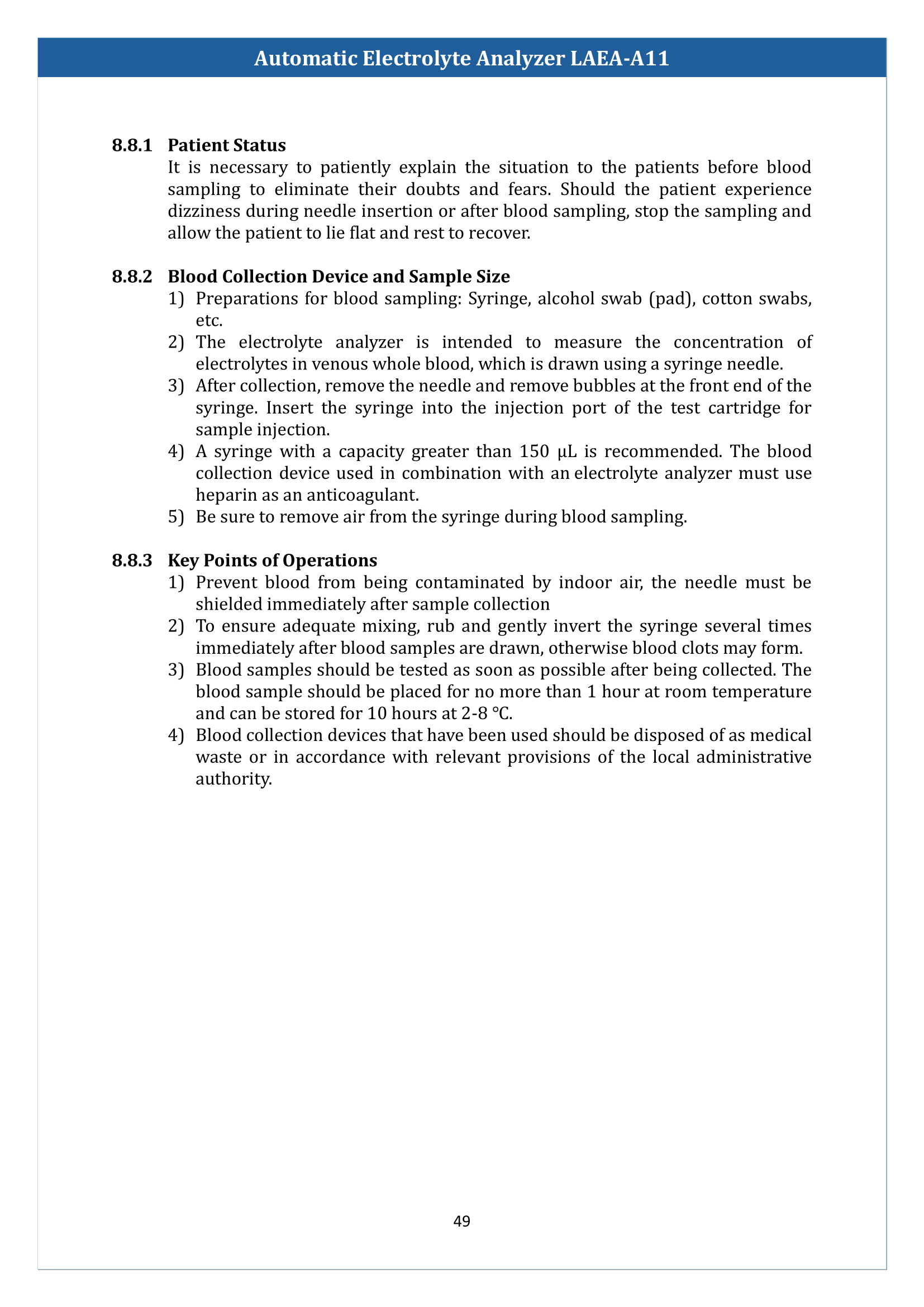 Automatic Electrolyte Analyzer LAEA-A11 Manual
