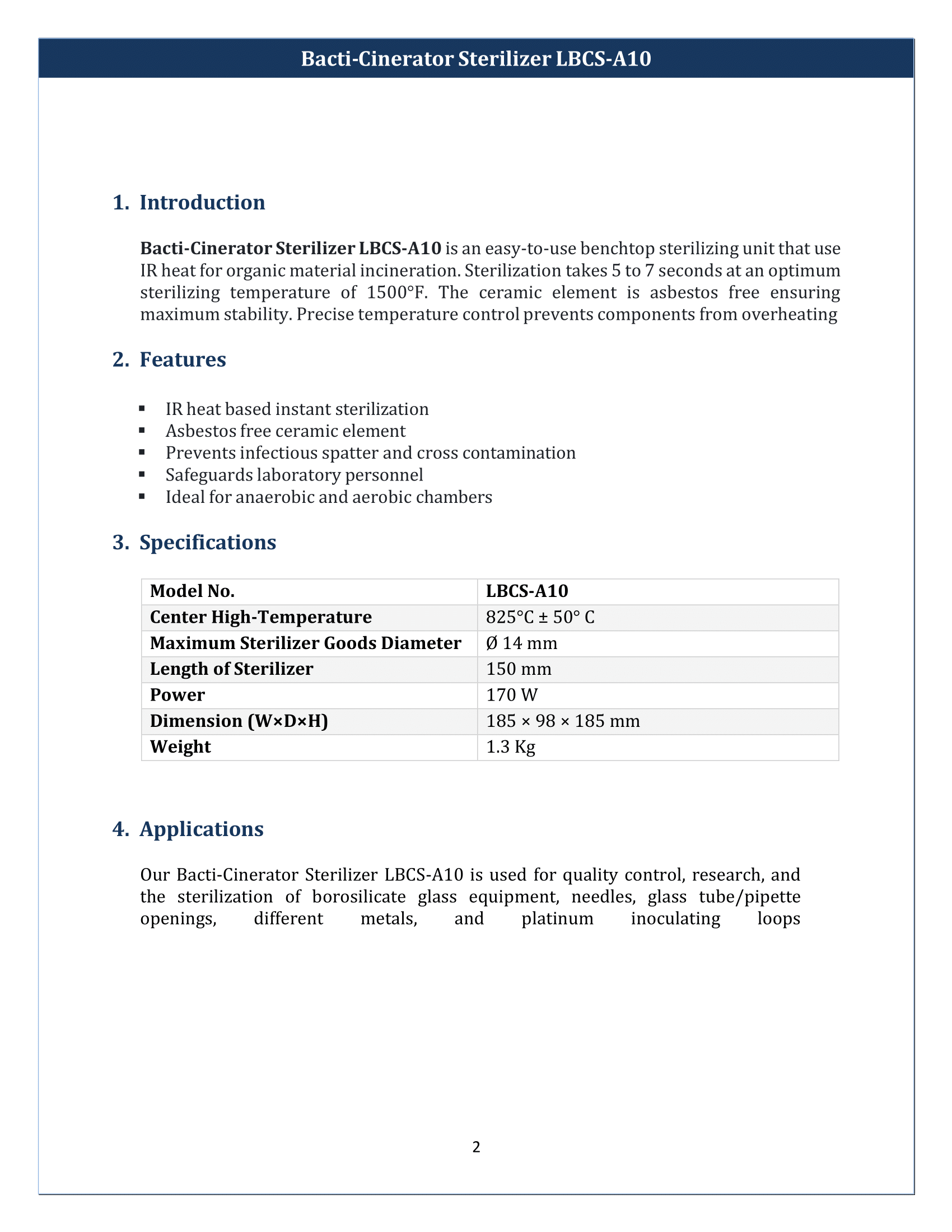 Bacti-Cinerator Sterilizer LBCS-A10 Manual
