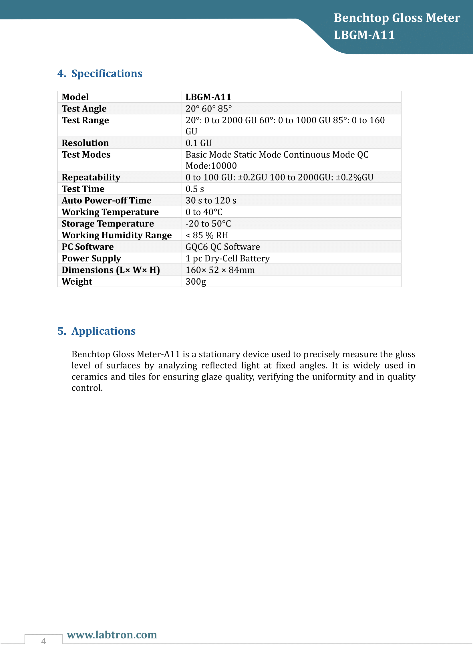 Benchtop Gloss Meter LBGM-A11 Manual