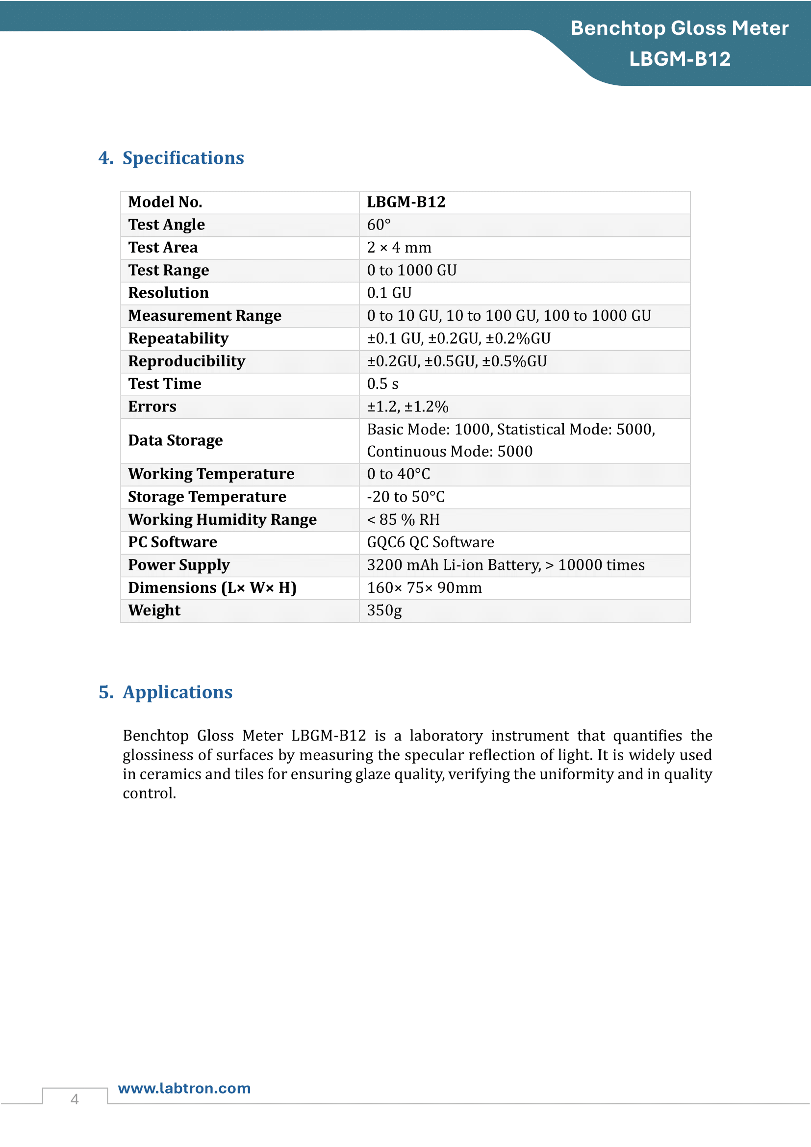 Benchtop Gloss Meter LBGM-B12 Manual