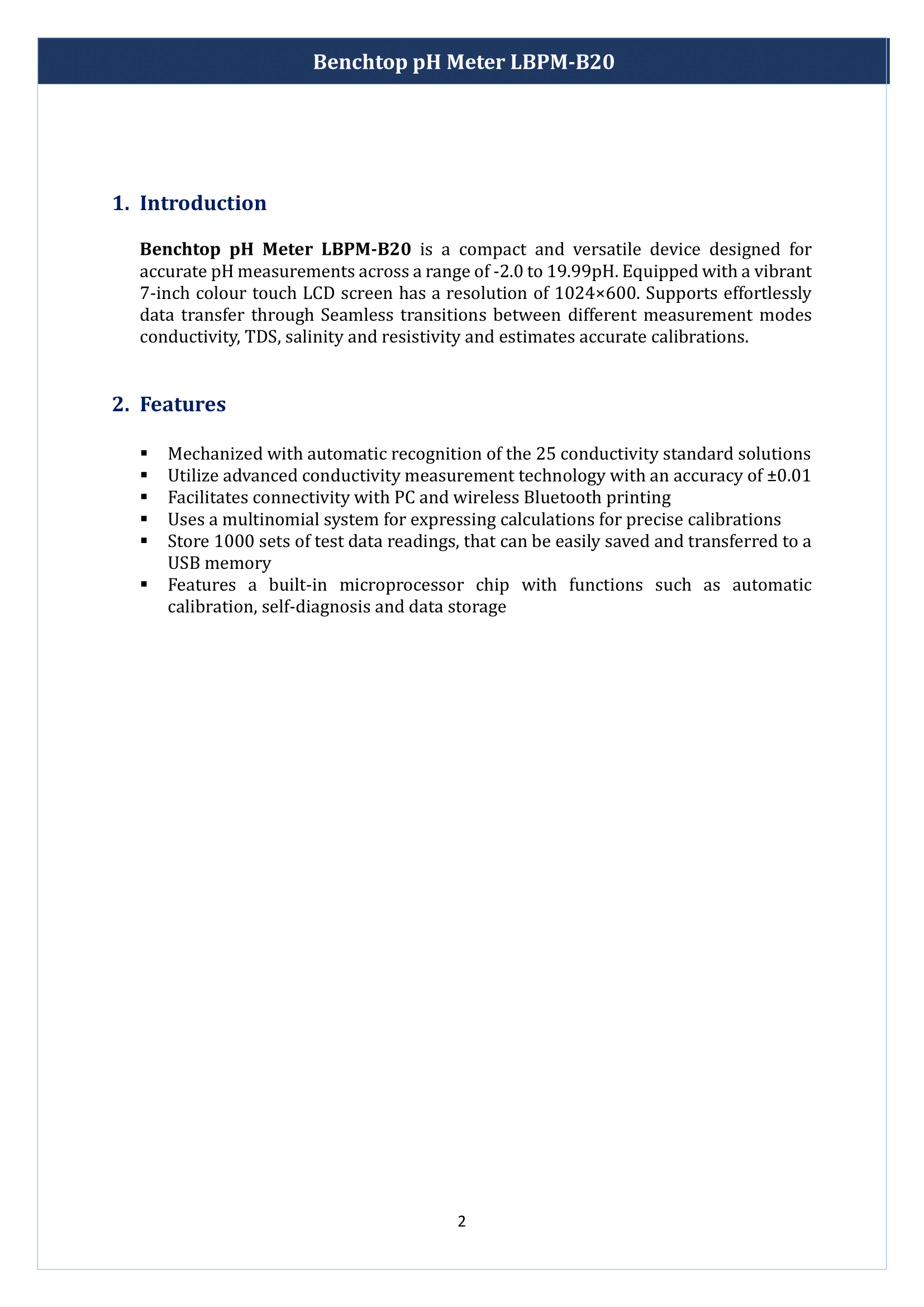 Benchtop pH Meter LBPM-B20 Manual