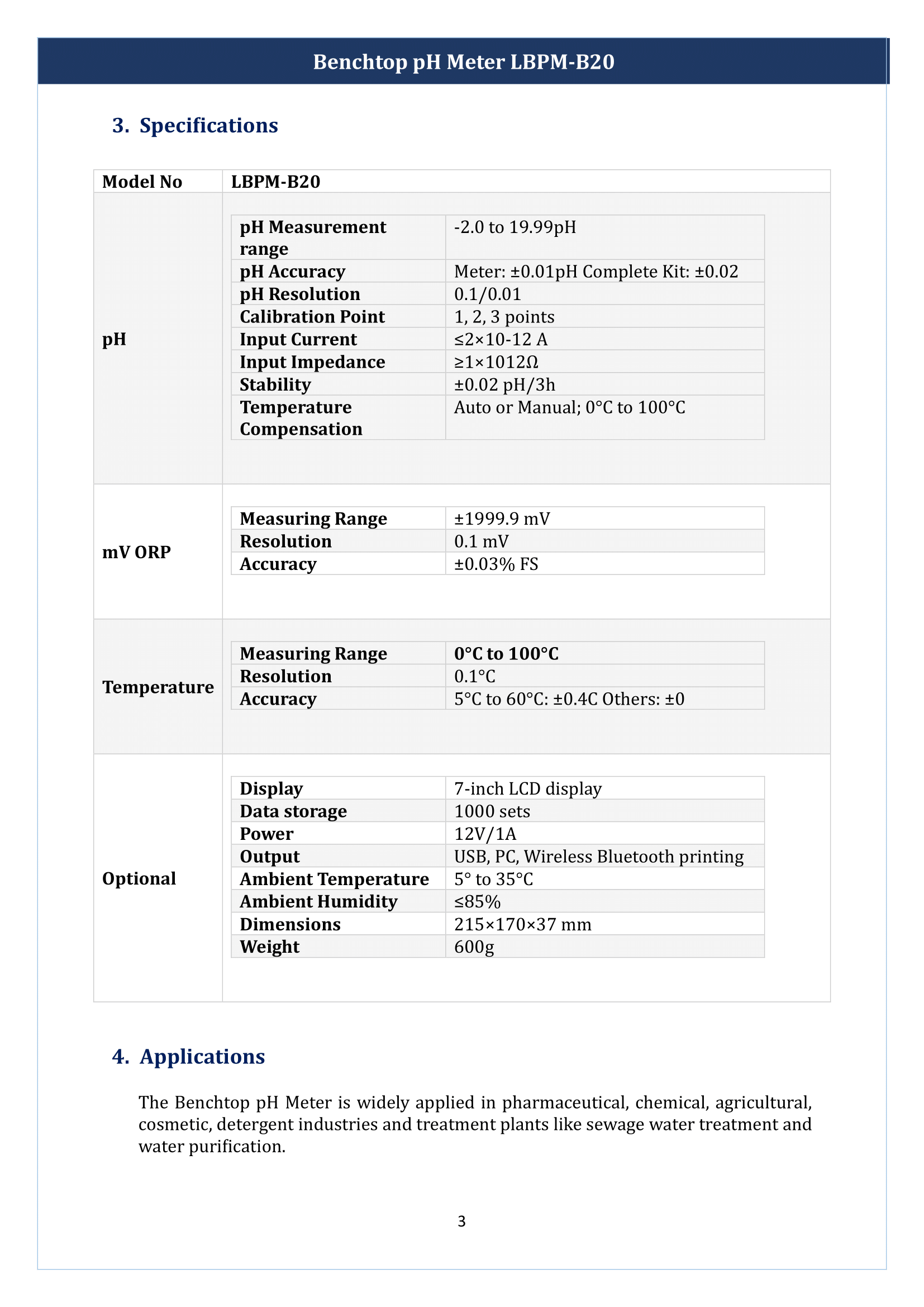 Benchtop pH Meter LBPM-B20 Manual