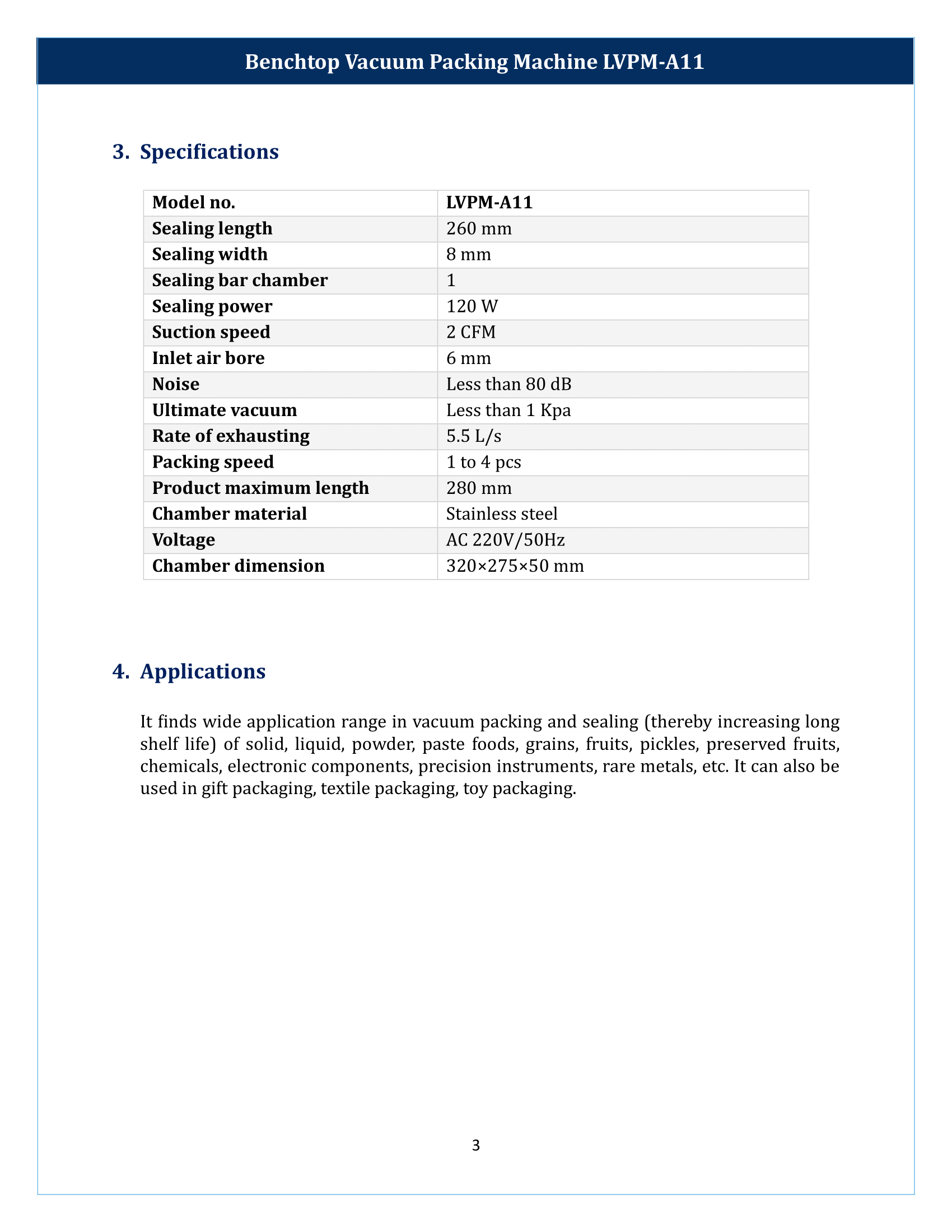 Benchtop Vacuum Packing Machine LVPM-A11 Manual