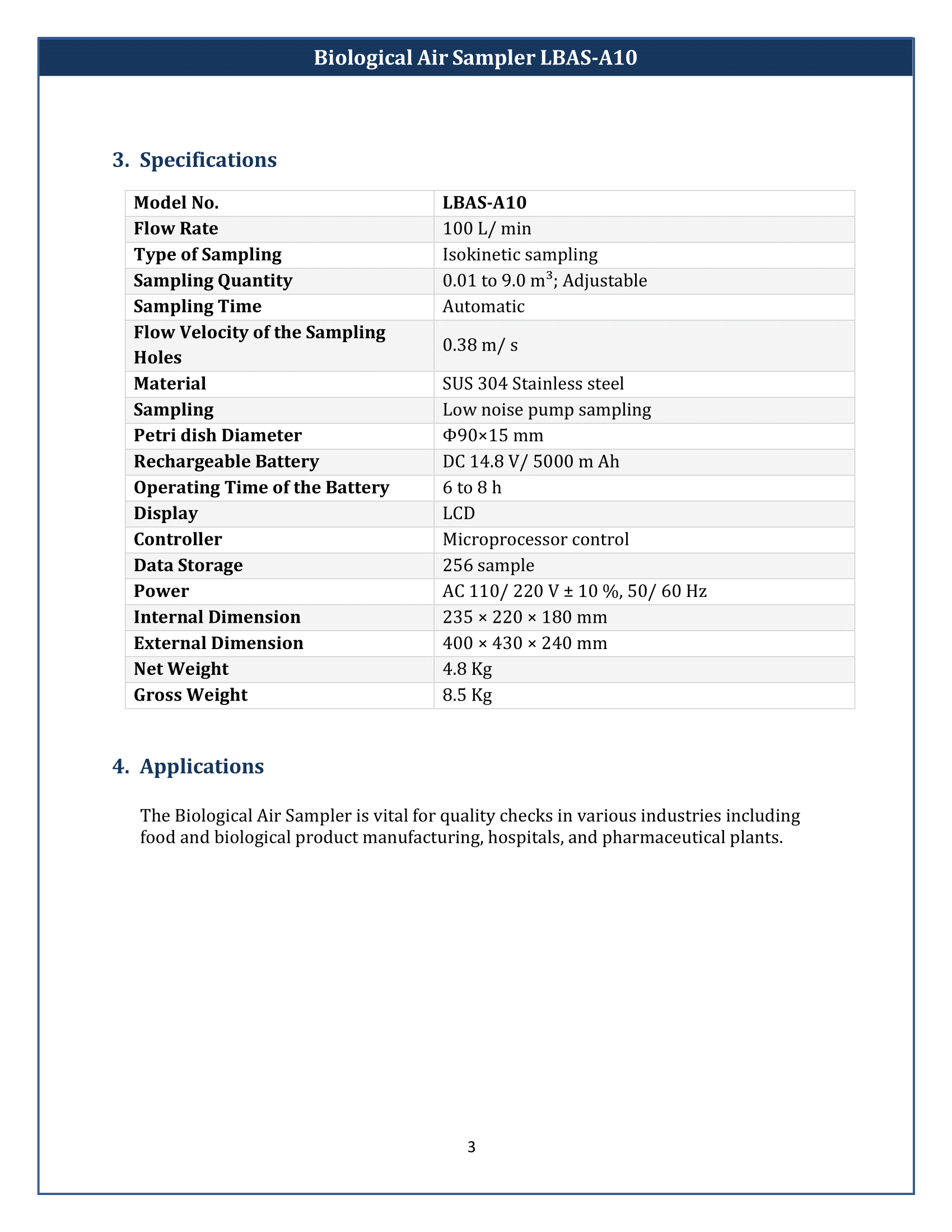 Biological Air Sampler LBAS-A10 Manual