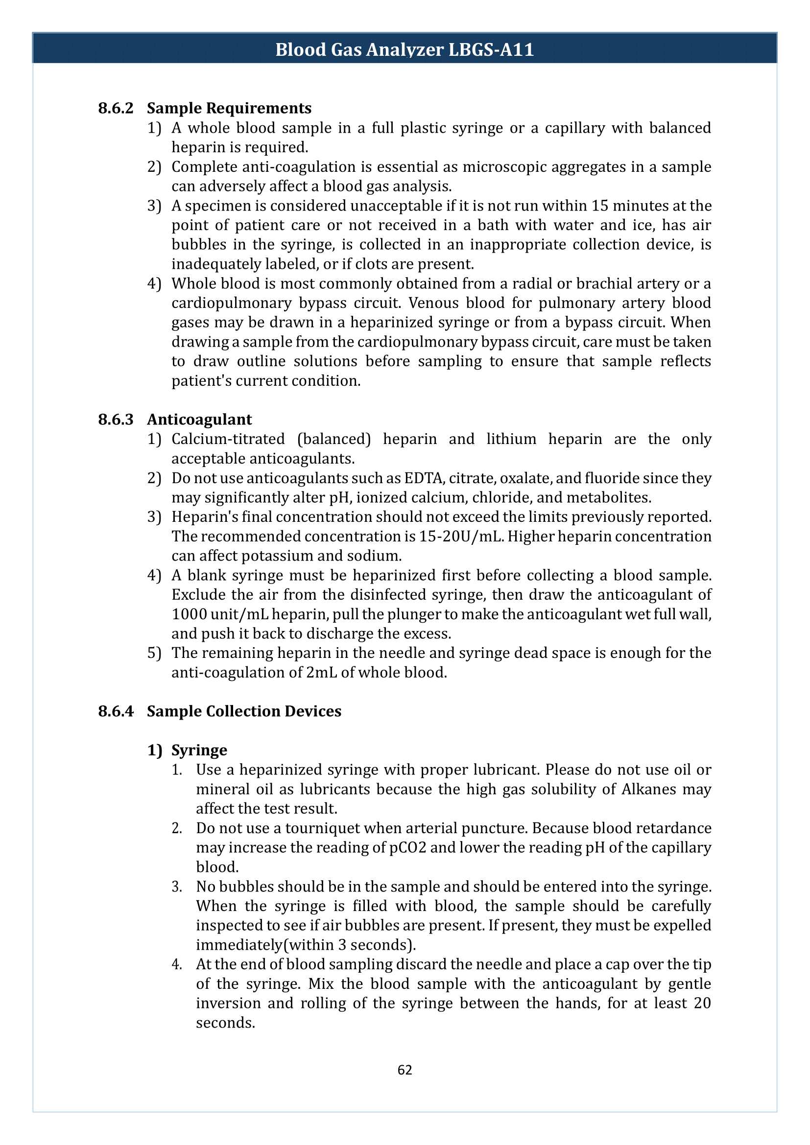 Blood Gas Analyzer LBGS-A11 Manual