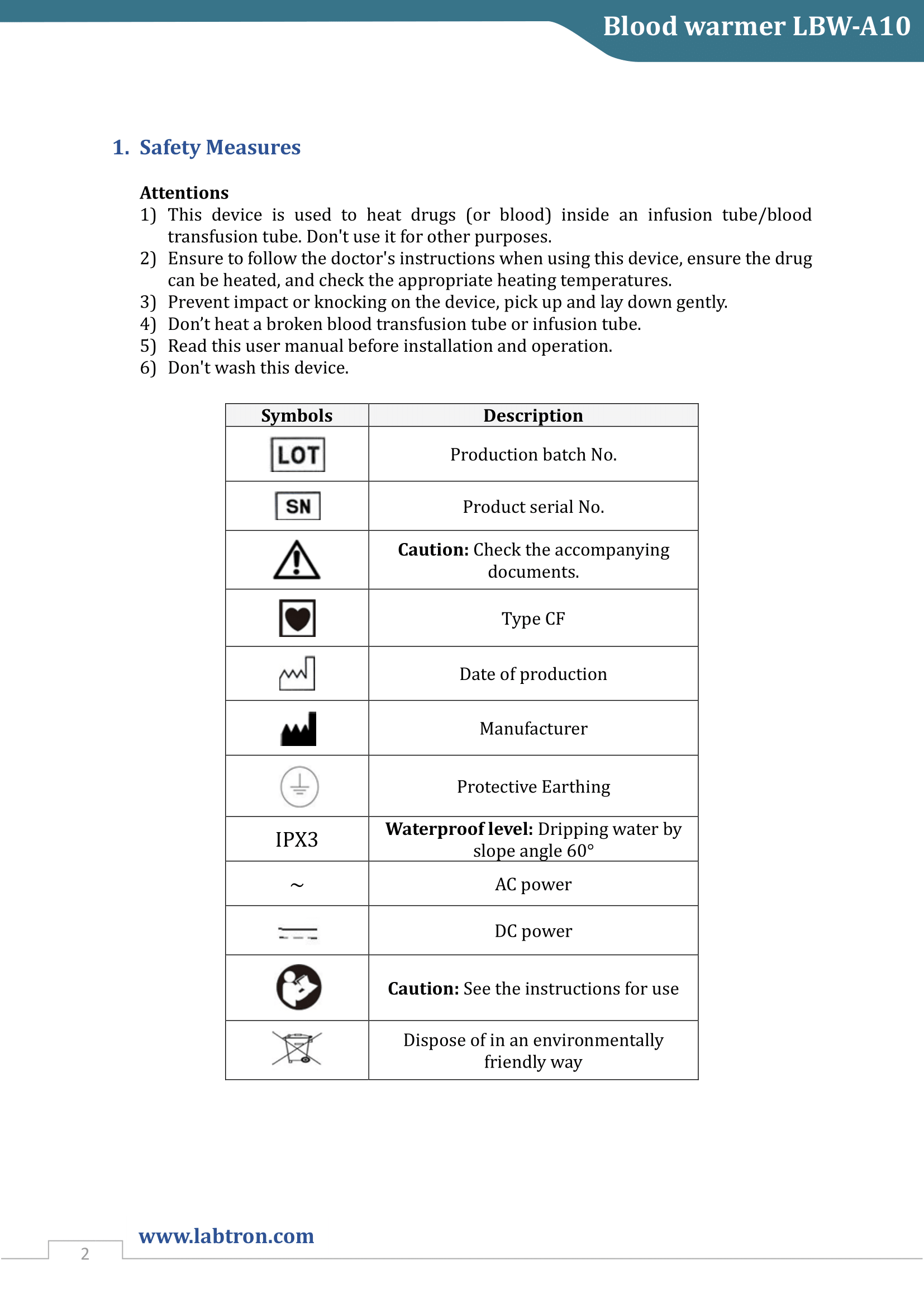 Blood warmer LBW-A10 Manual