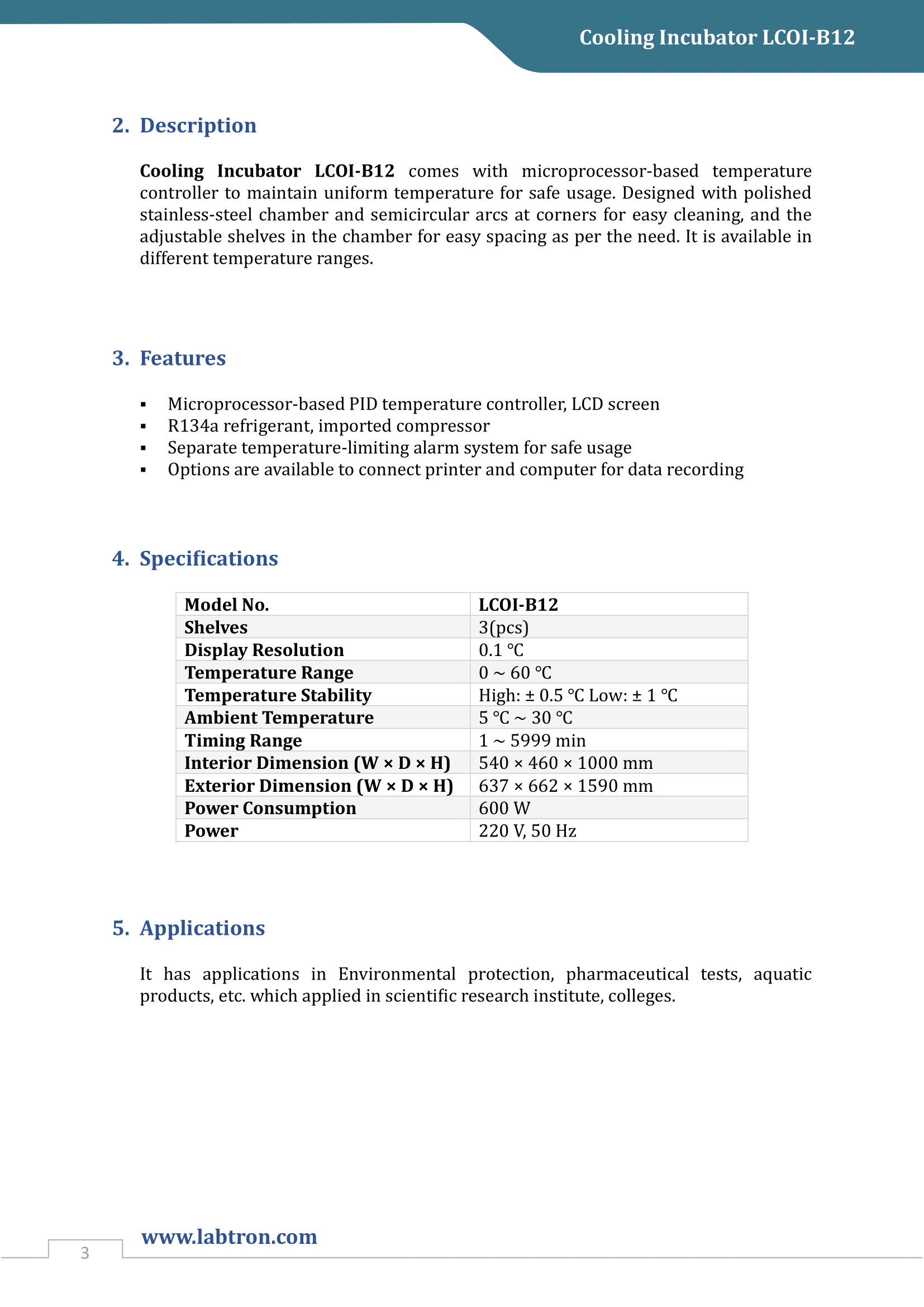 Cooling Incubator LCOI-B12 Manual