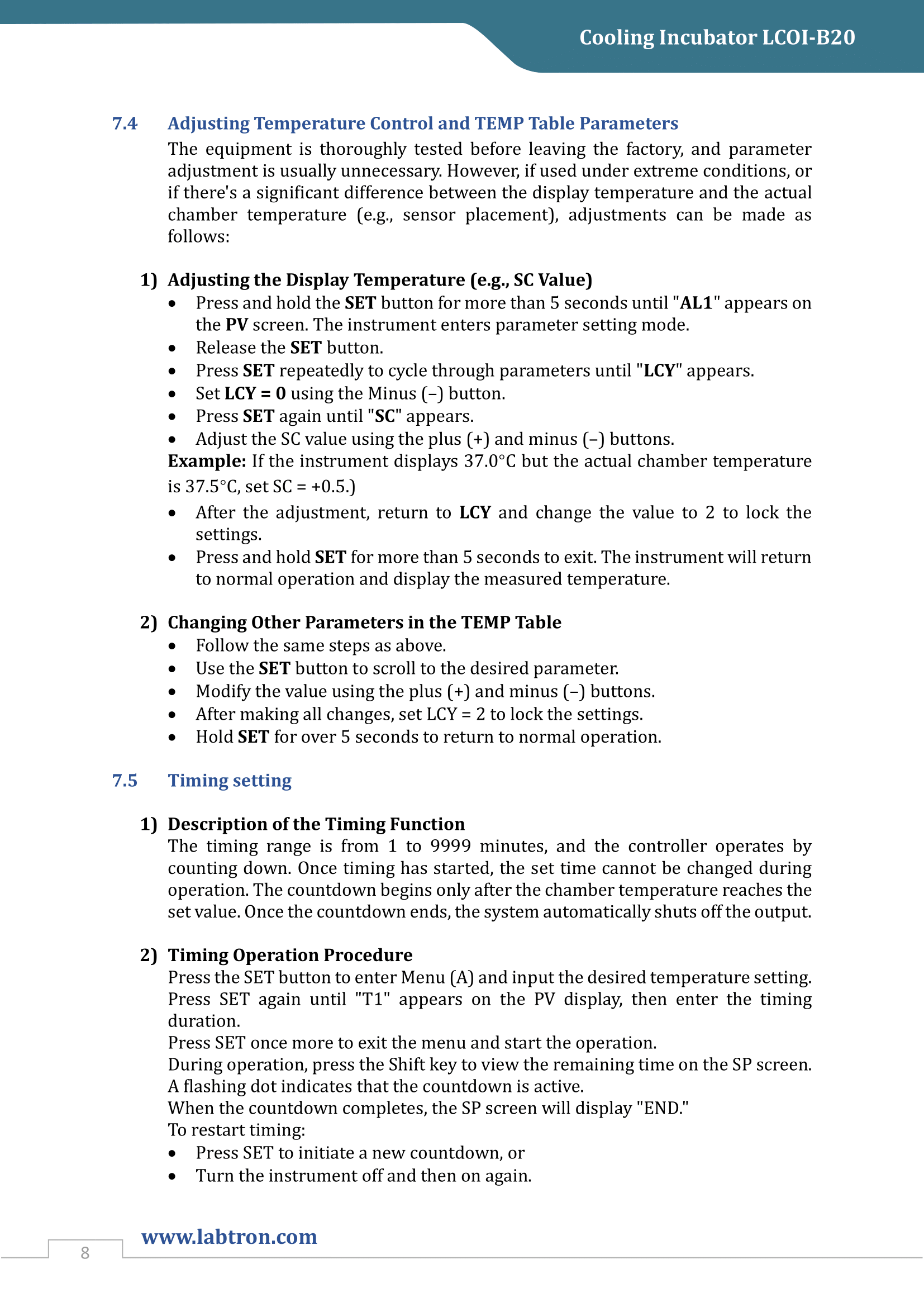 Cooling Incubator LCOI-B20 Manual