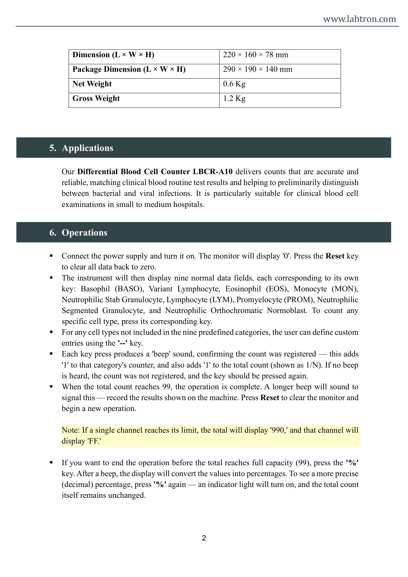 Differential Blood Cell Counter LBCR-A10 Manual