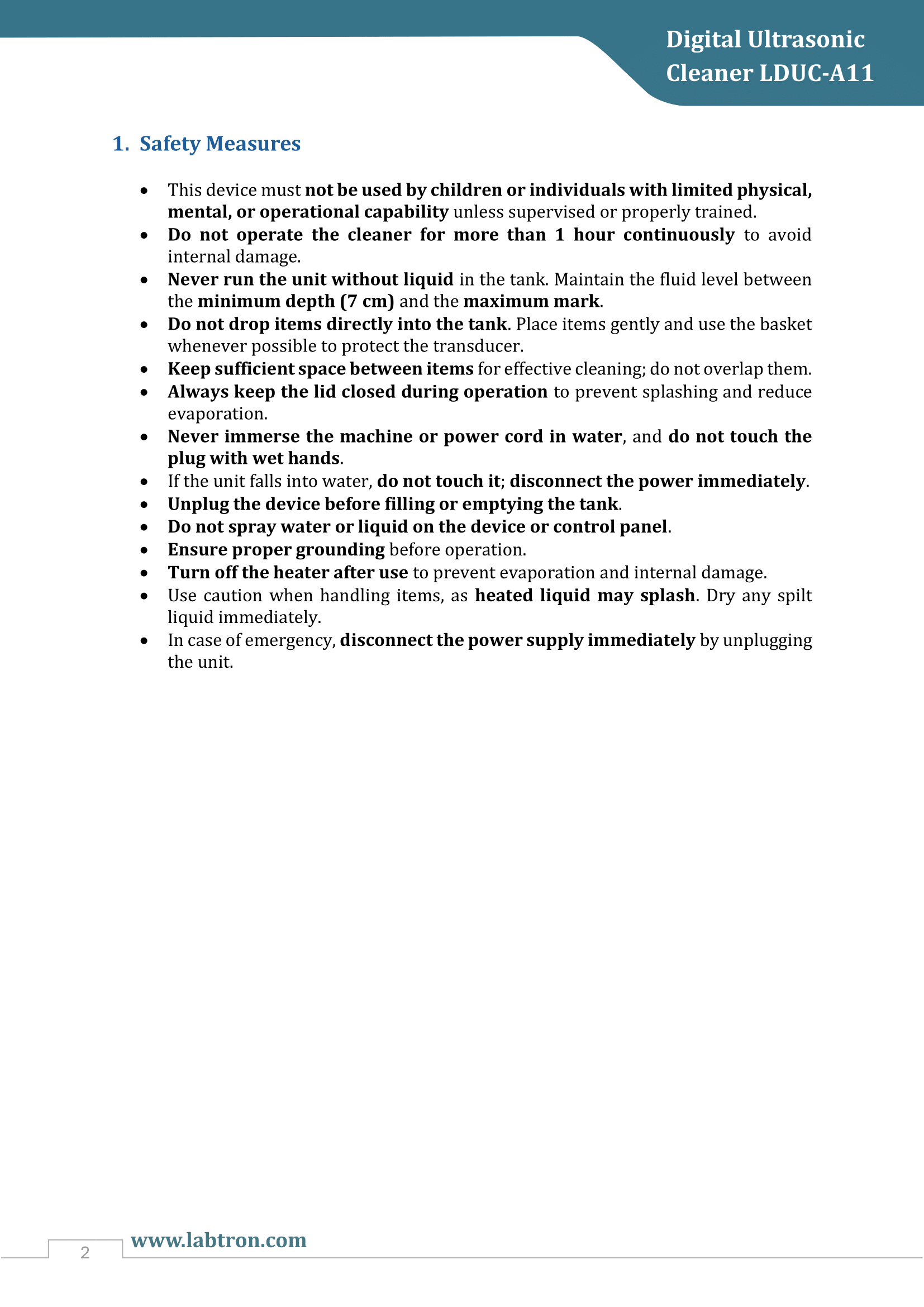 Digital Ultrasonic Cleaner LDUC-A11 Manual