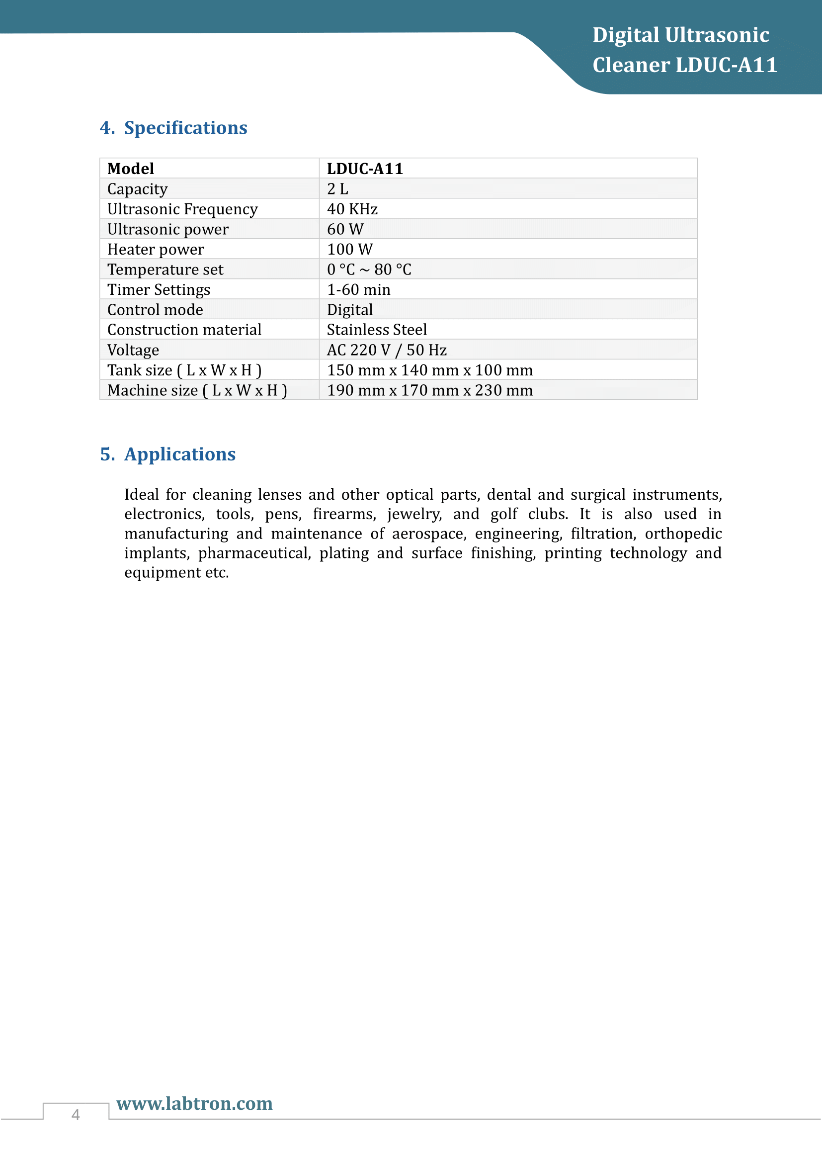Digital Ultrasonic Cleaner LDUC-A11 Manual