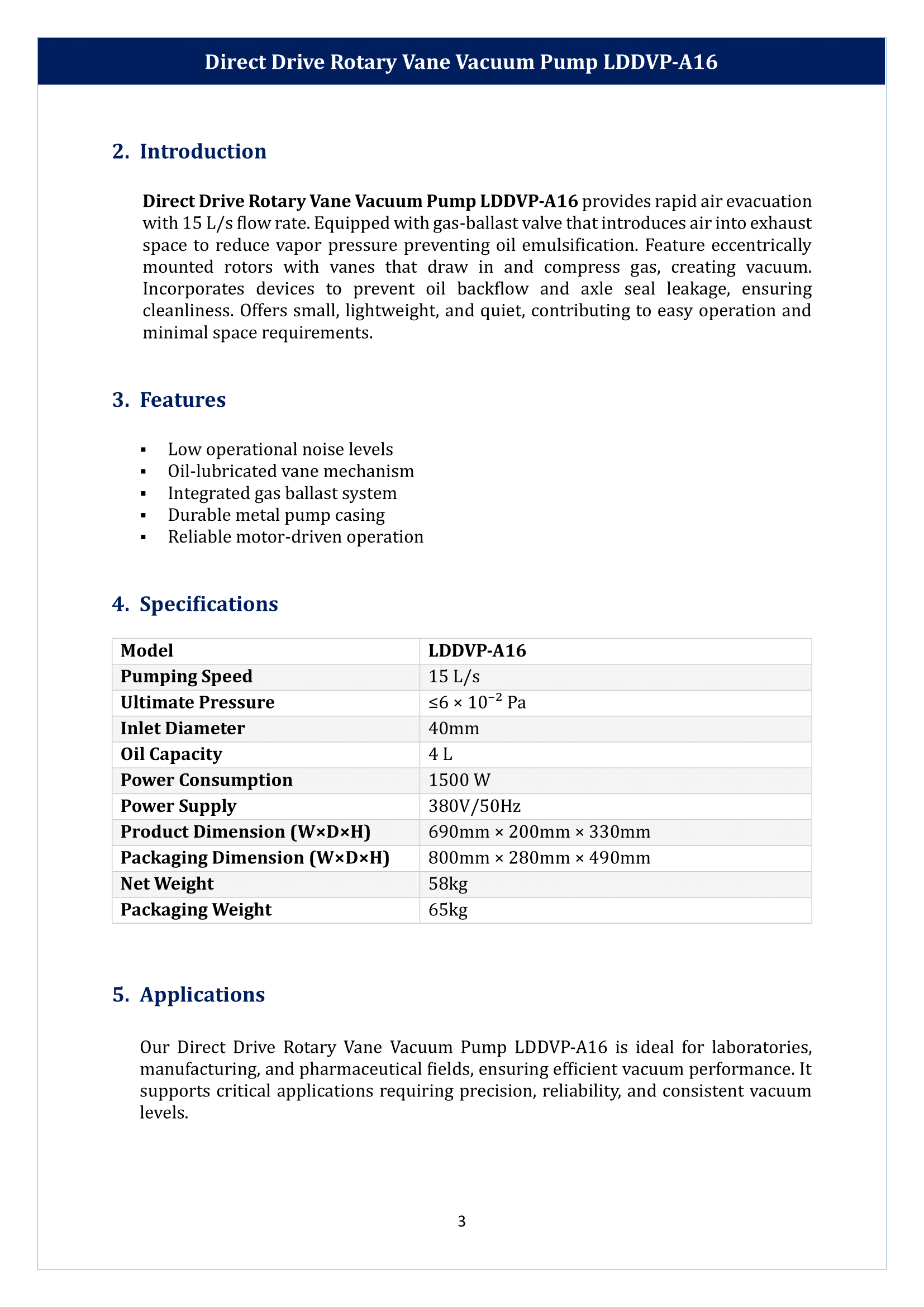 Direct Drive Rotary Vane Vacuum Pump LDDVP-A16 Manual