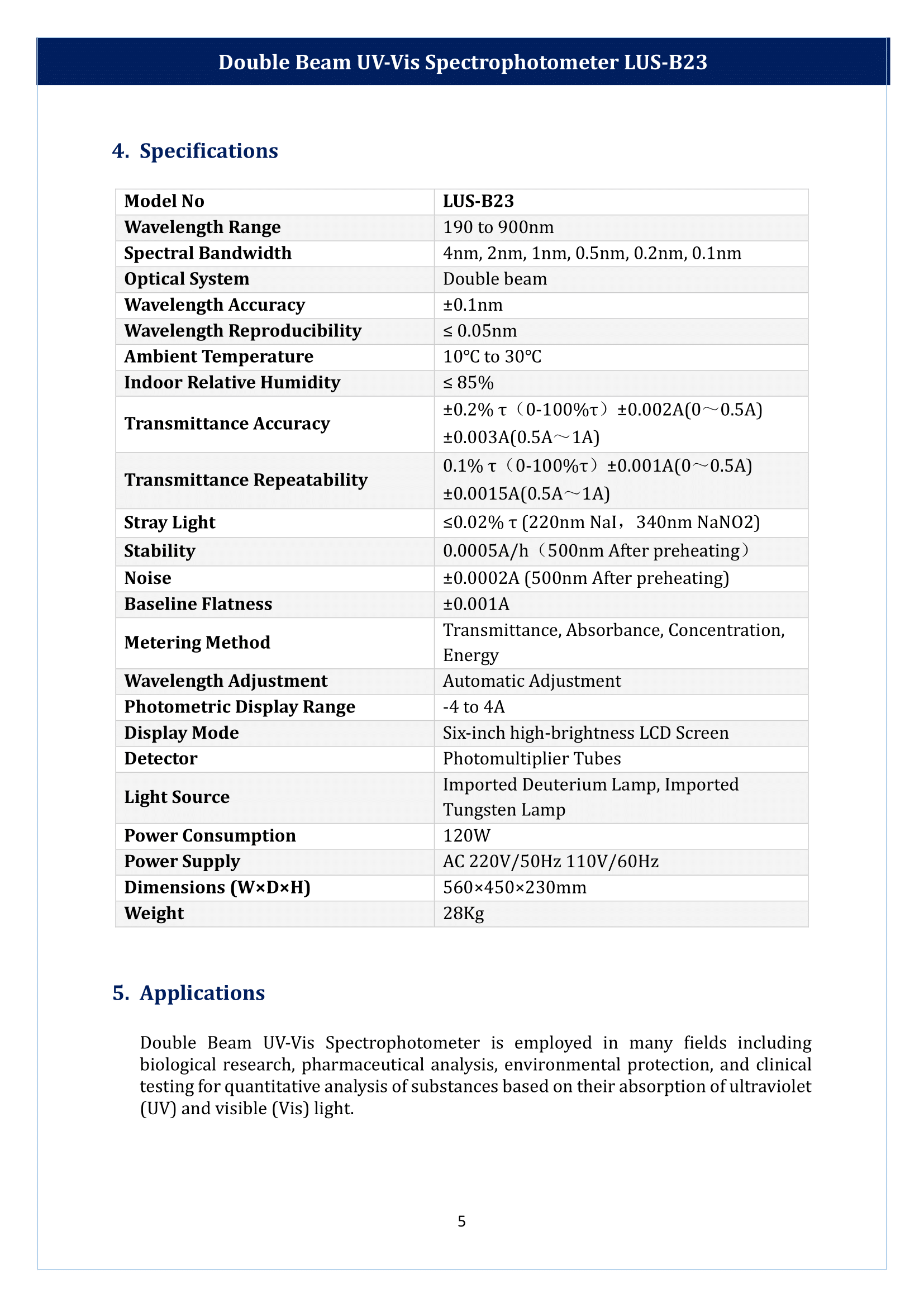 Double Beam UV-Vis Spectrophotometer LUS-B23 Manual
