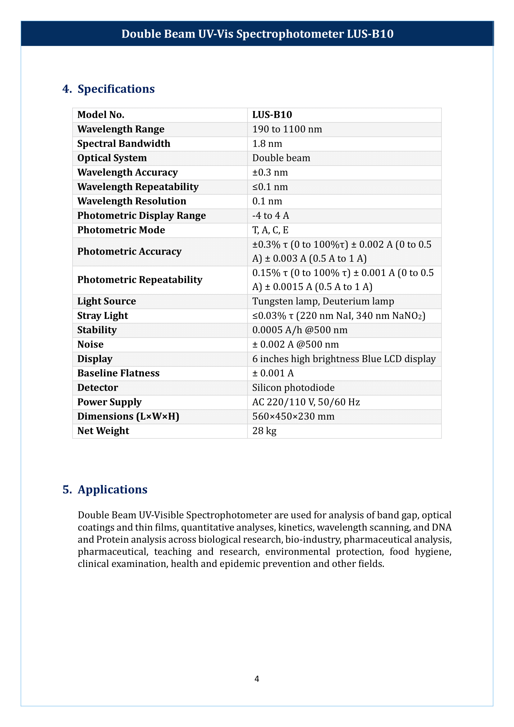 Double Beam UV-Vis Spectrophotometer LUS-B10 Manual
