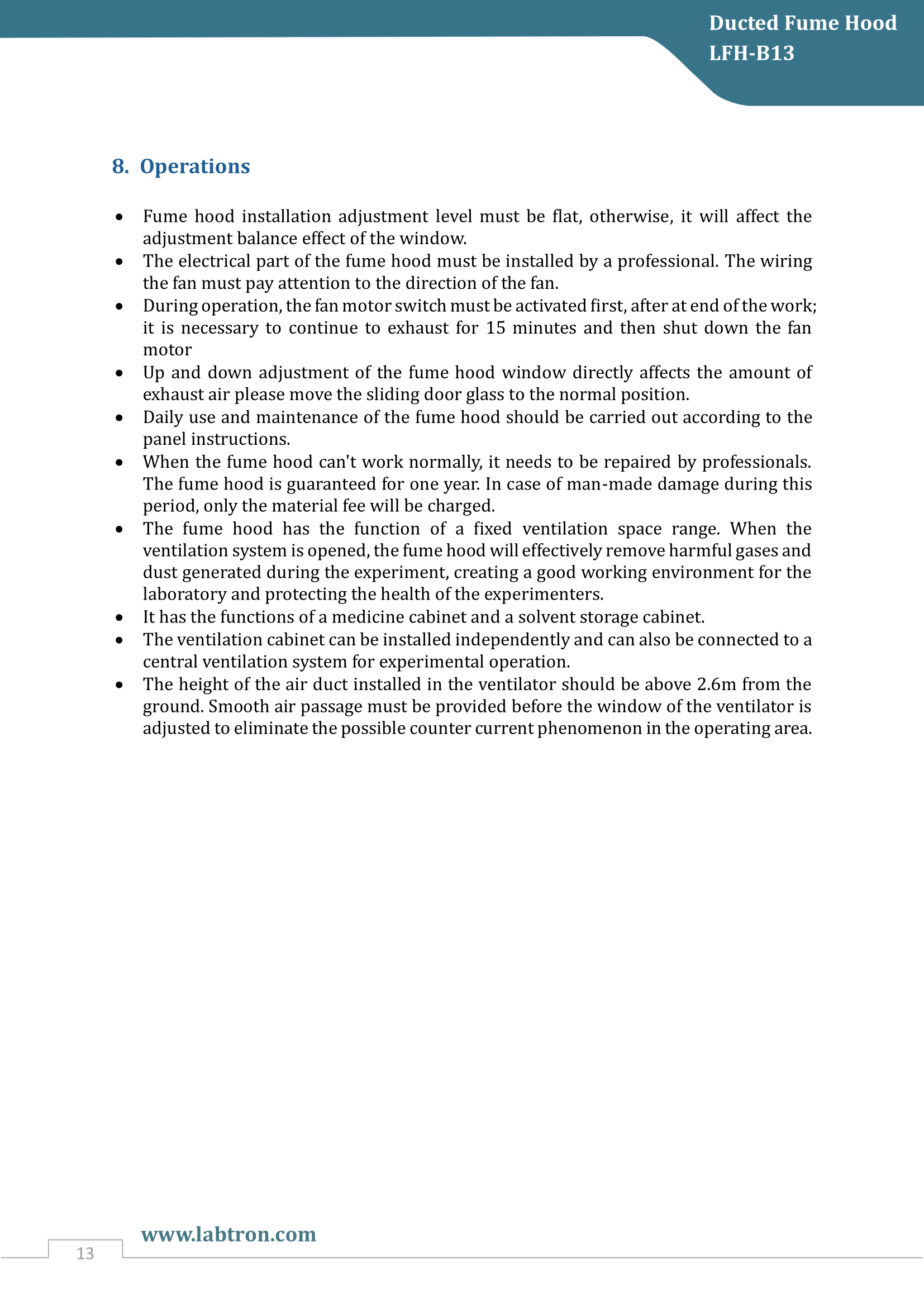 Ducted Fume Hood LFH-B13 Manual