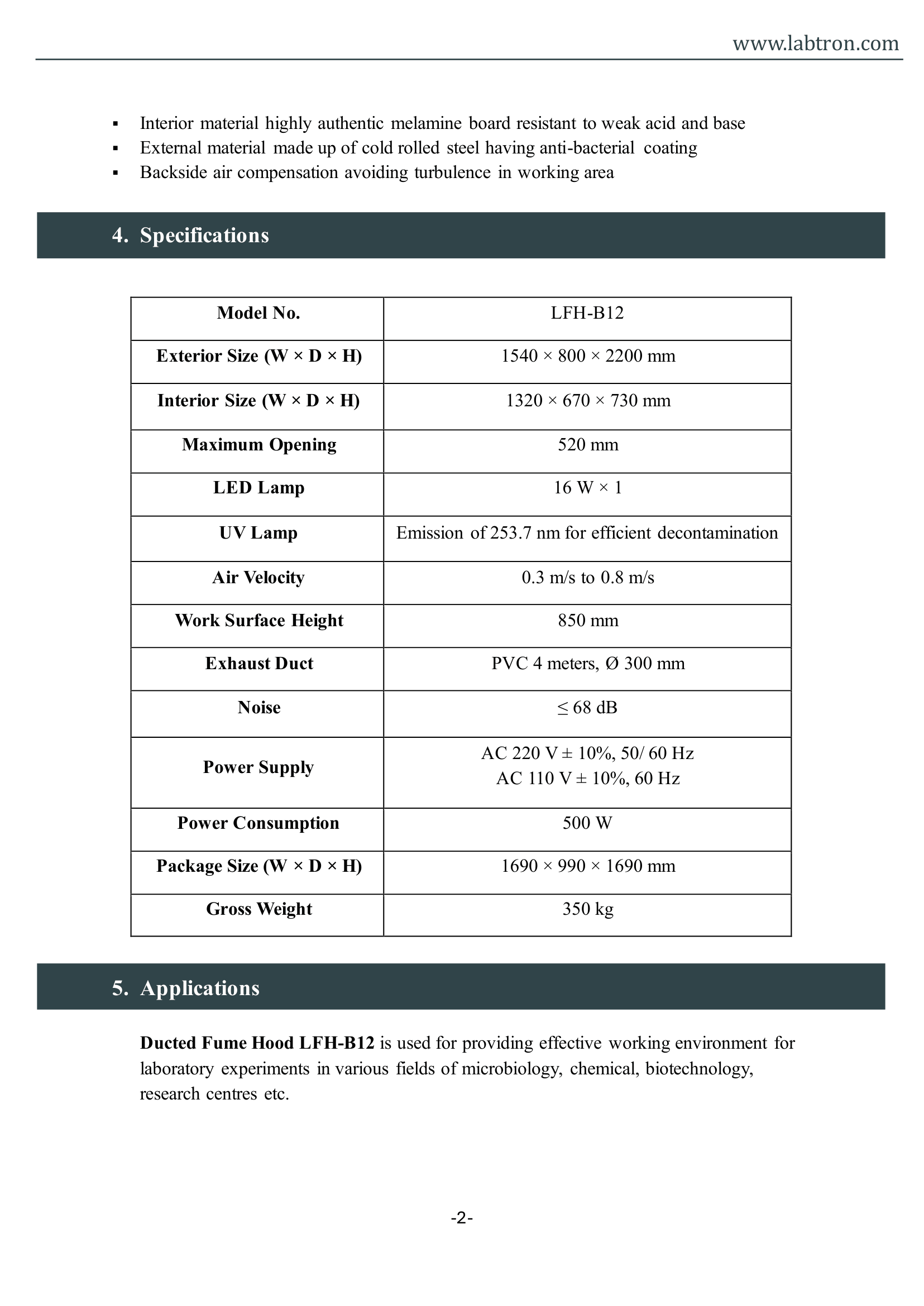 Ducted Fume Hood LFH-B12 Manual